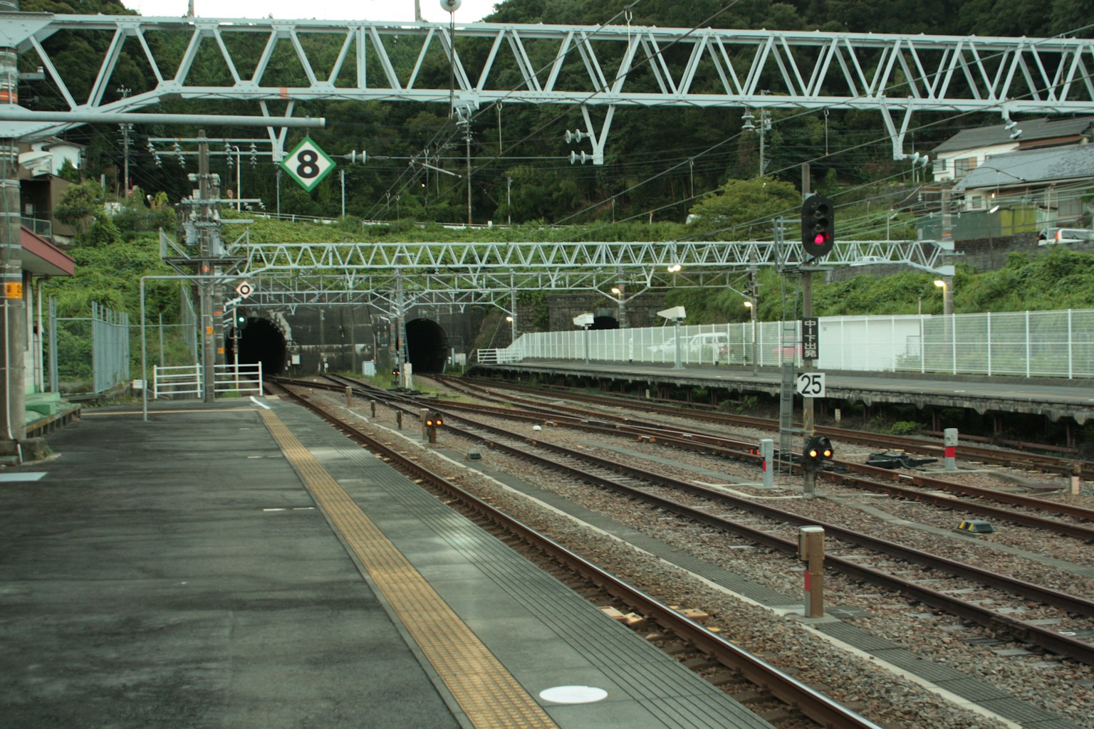 火車站月台和鐵軌及隧道的景觀