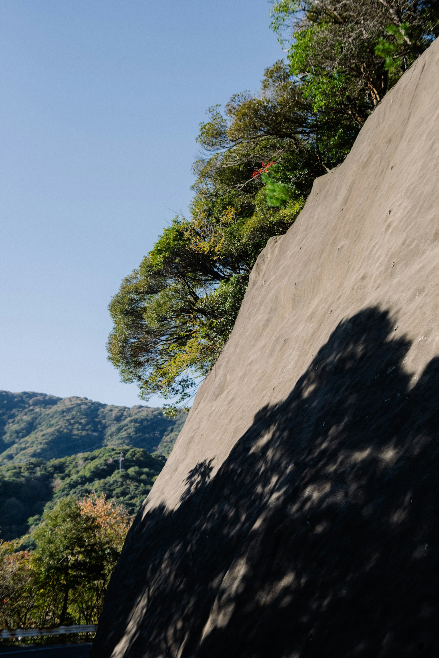 Smooth rock slope under green trees and blue sky casting shadows