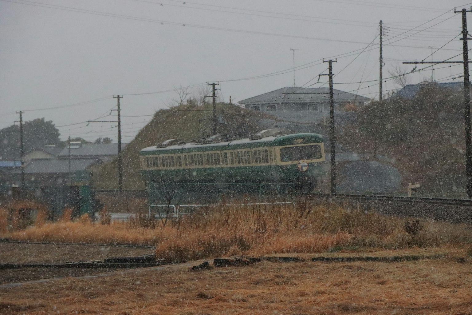 绿色火车在雨中行驶，周围的风景