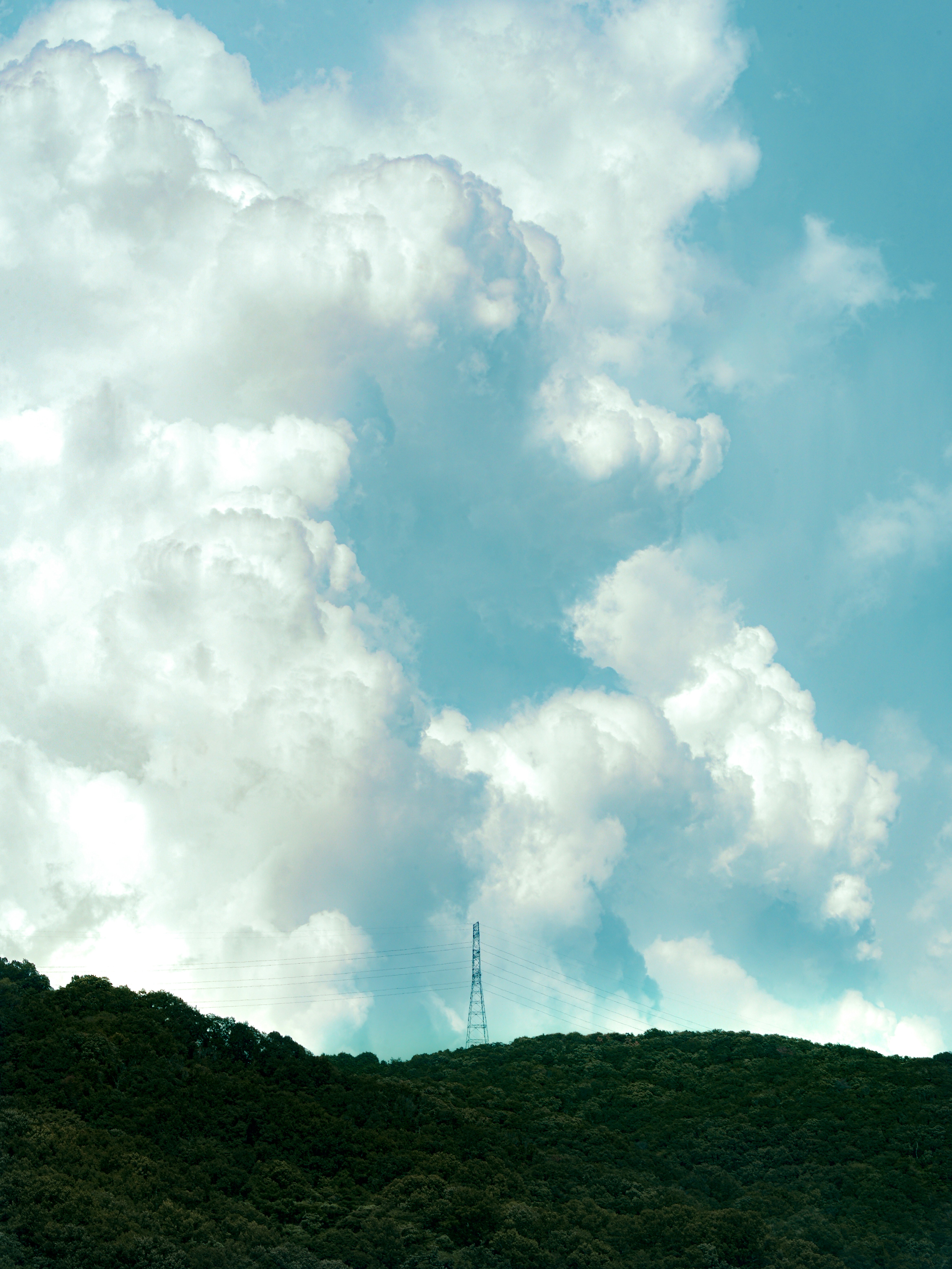緑の丘と青空に広がる大きな積乱雲