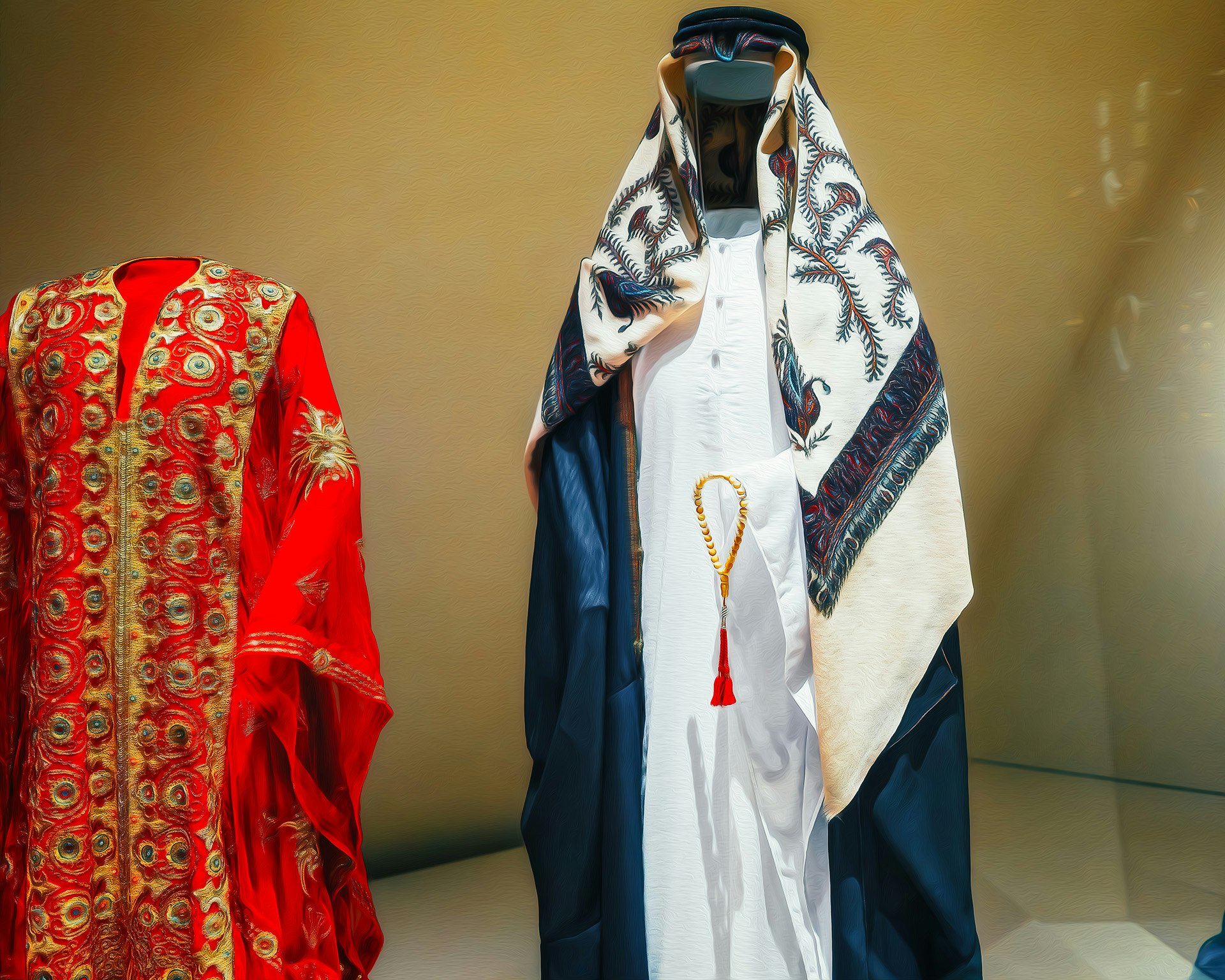 展示ケースに並ぶ民族衣装のローブと刺繍の衣服