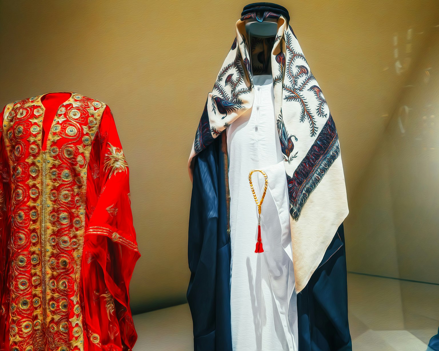 Exposition d'une tenue rouge brodée et d'un vêtement traditionnel arabe