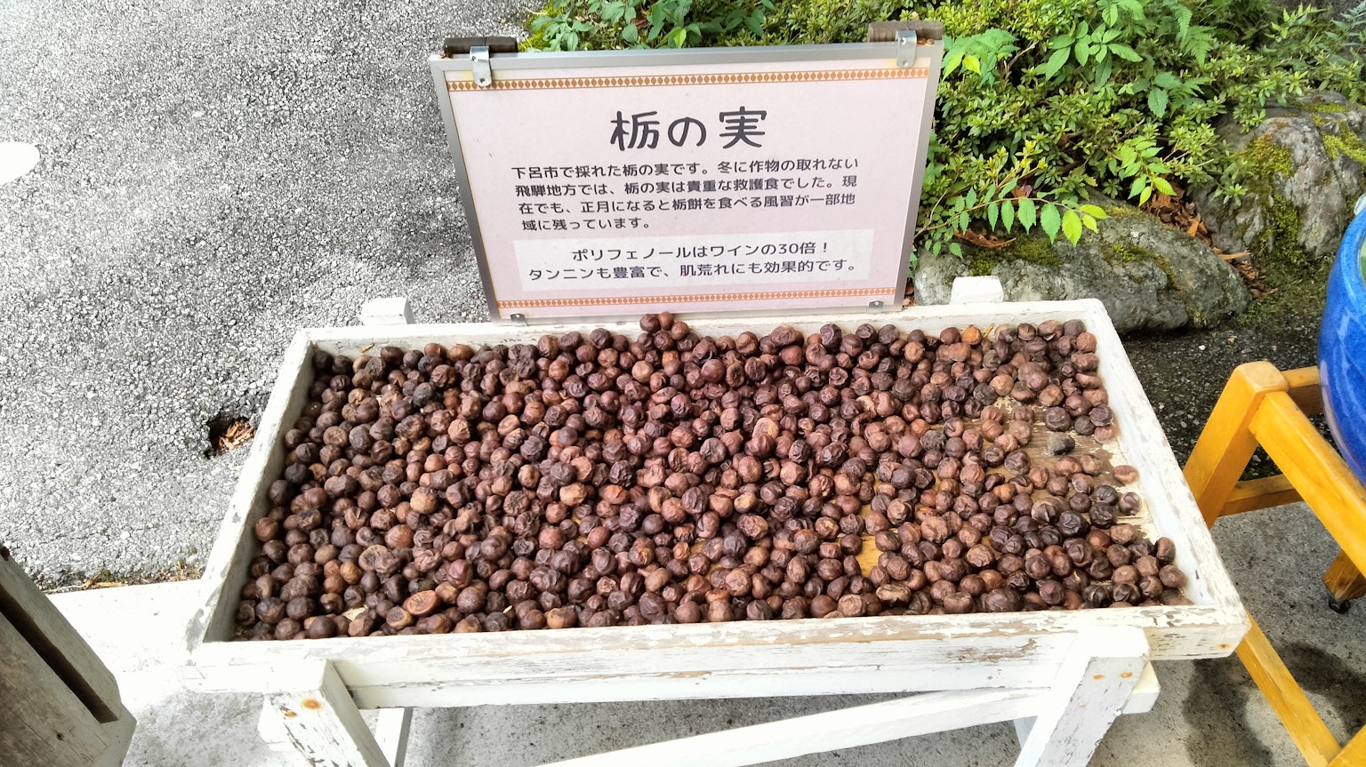 Sebuah kotak putih penuh dengan kacang coklat dan papan di latar belakang