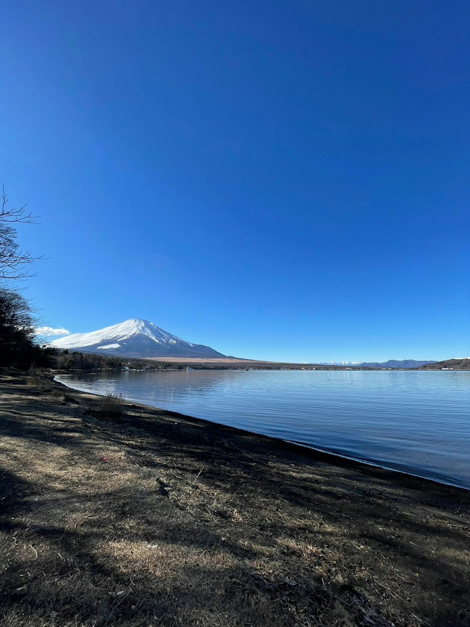 蓝天下宁静湖泊的风景，远处可见富士山