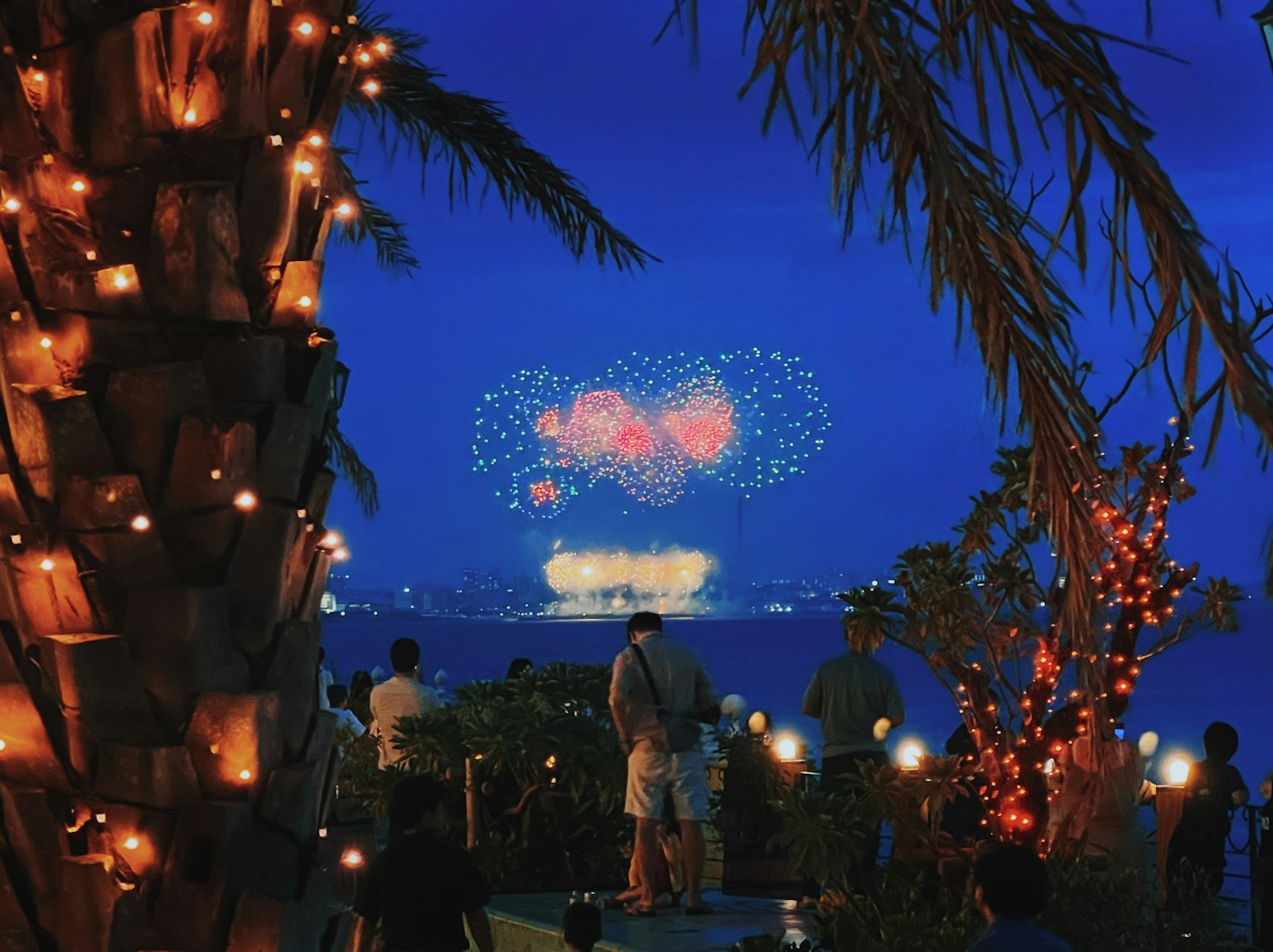 Spettacolo di fuochi d'artificio nel cielo notturno con spettatori