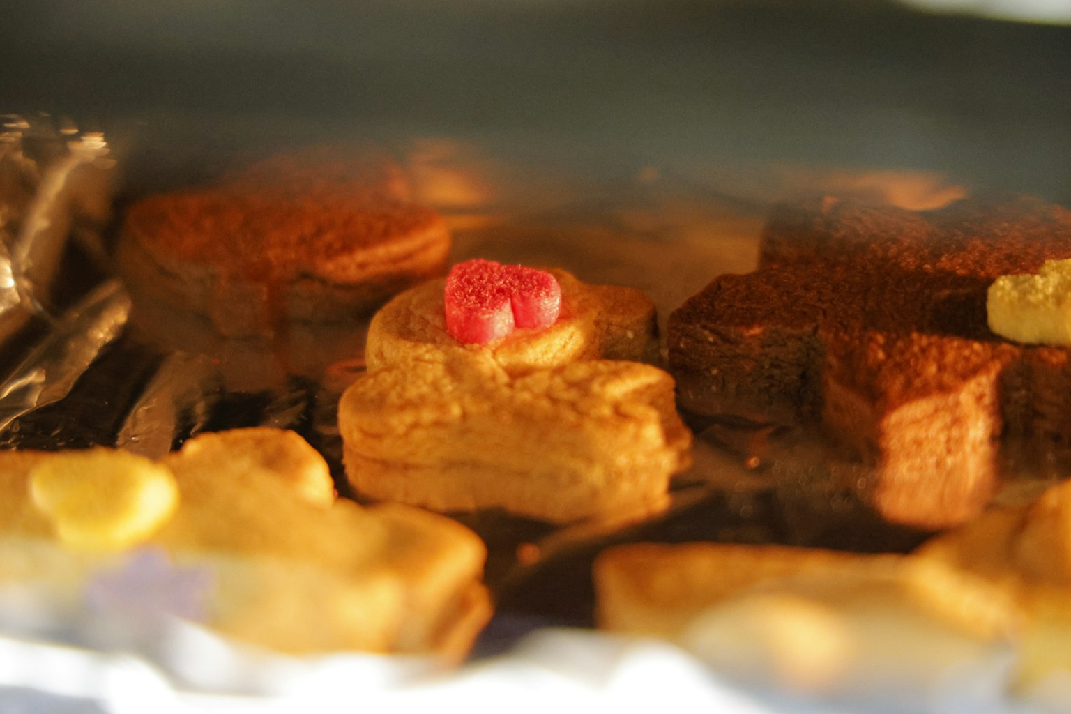 Image aux tons chauds montrant divers biscuits en train de cuire dans un four