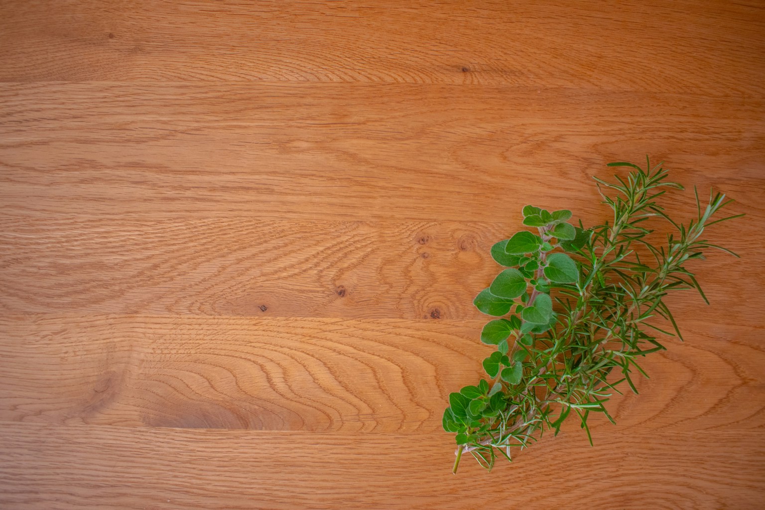Grüner Blätterzweig auf einem Holztisch