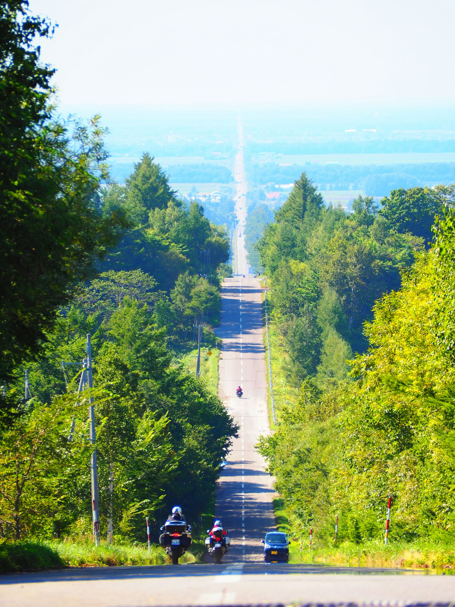 美丽的道路风景被绿色树木环绕两辆摩托车沿着道路行驶