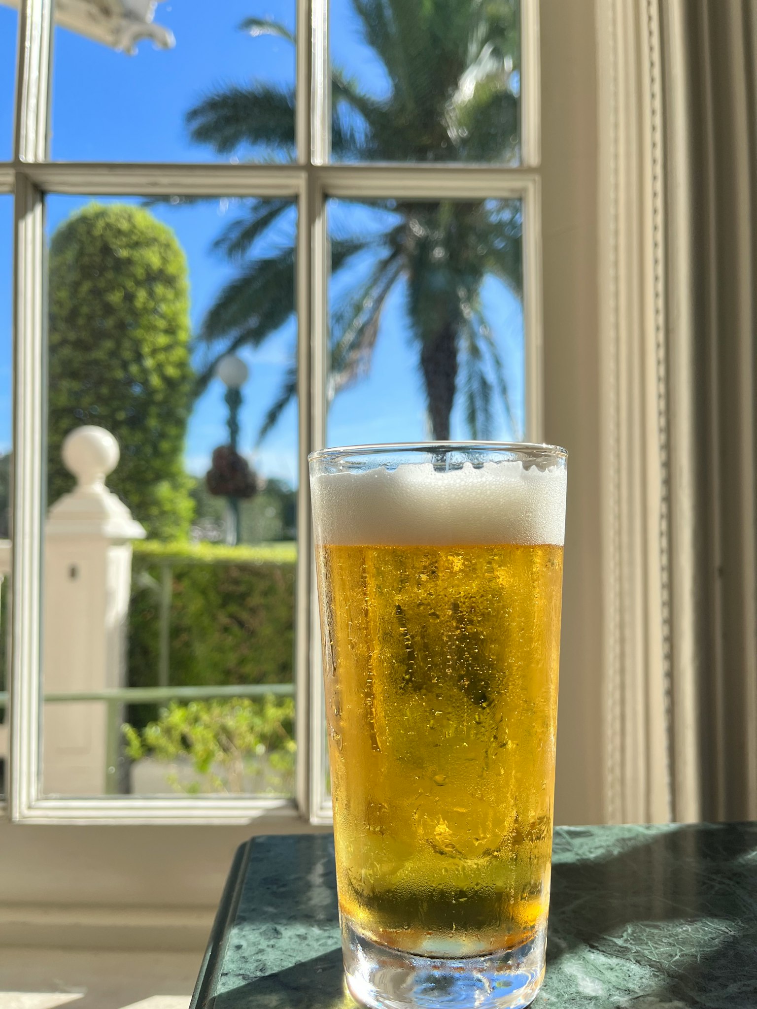 Ein Glas Bier auf einem Tisch mit Palmen, die draußen am Fenster sichtbar sind
