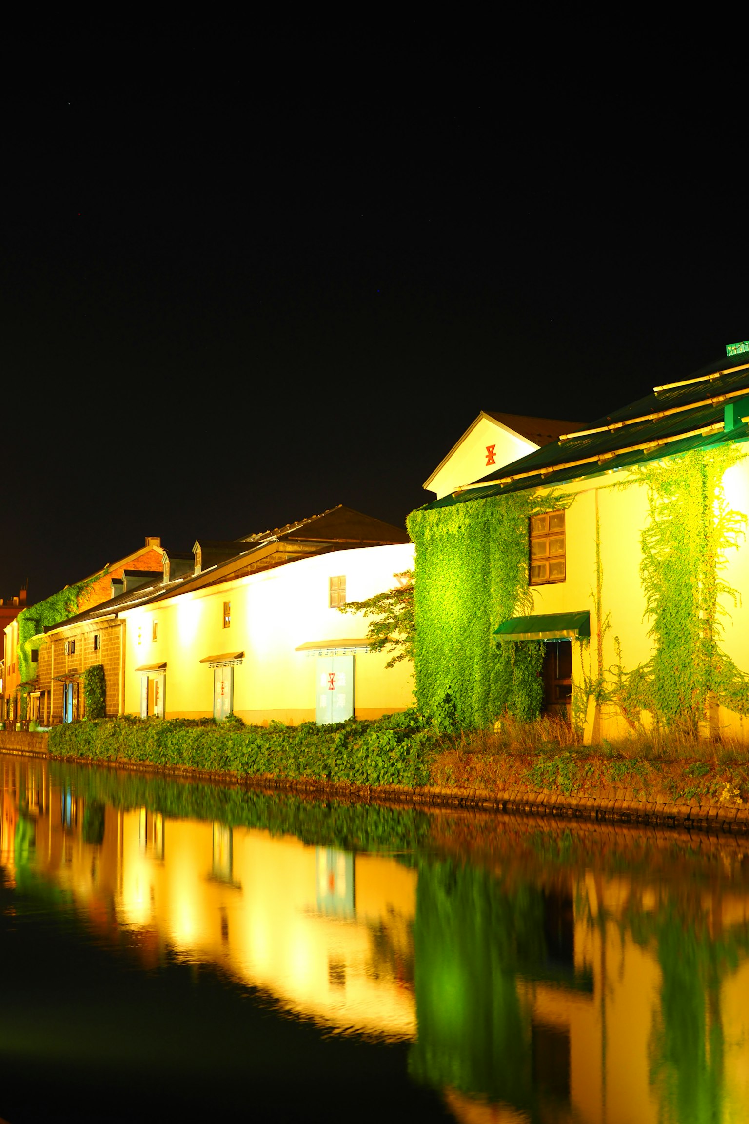 Houses along a canal illuminated by green light at night