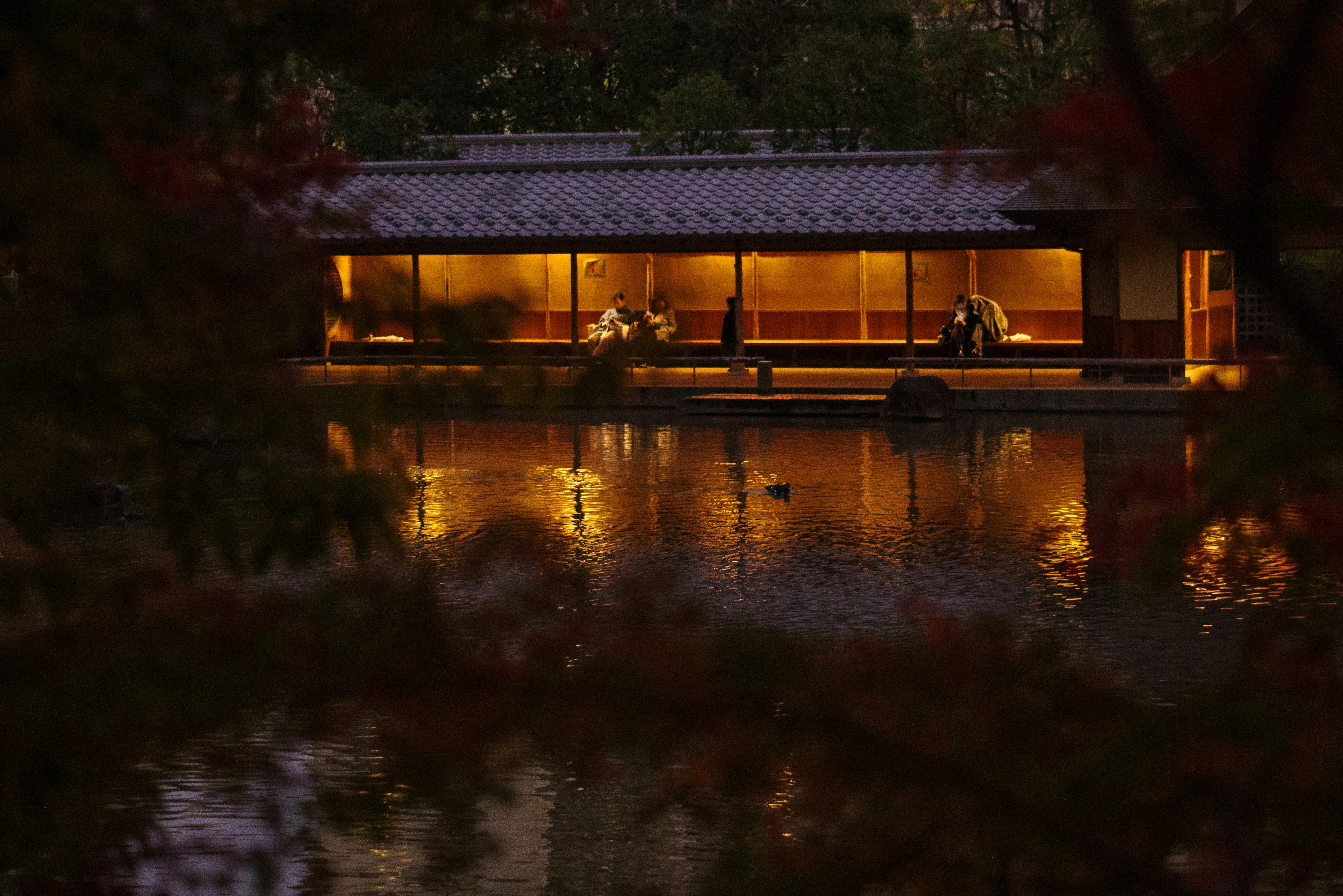lit traditional building reflected in a pond