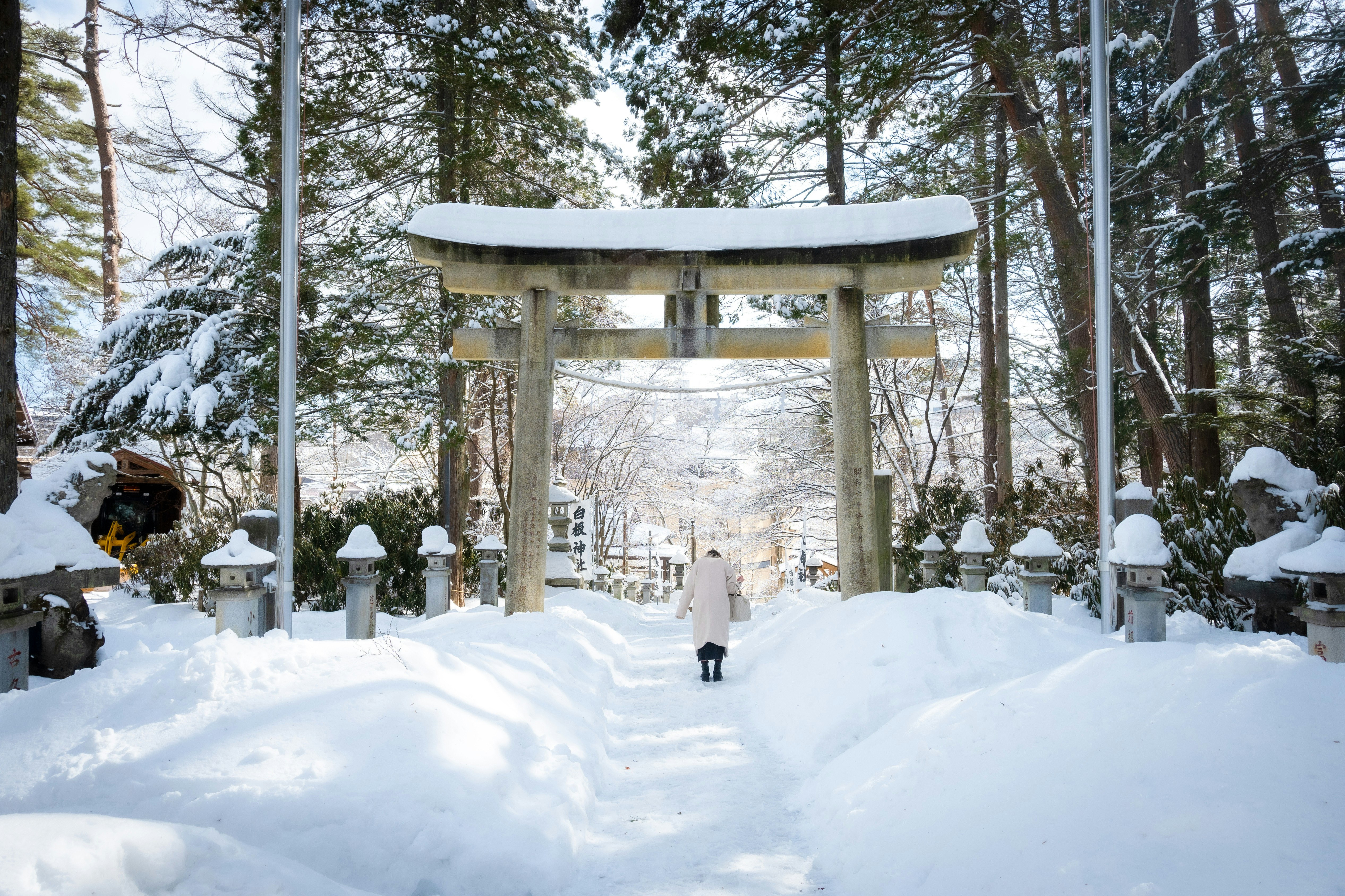 A person walking along a snowy path through a forest torii gate