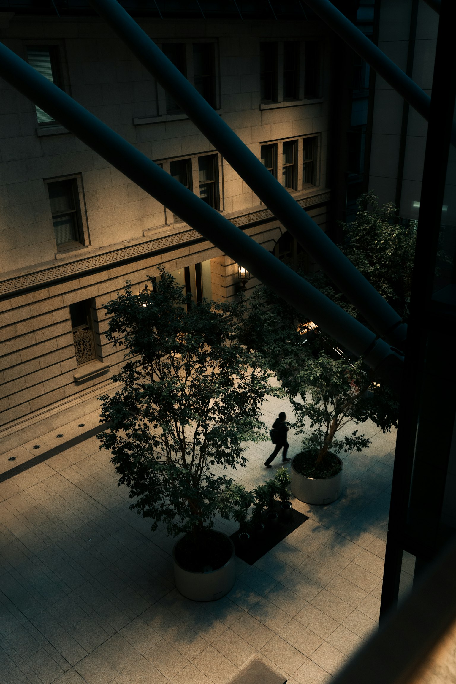 A person walking in a dimly lit courtyard surrounded by plants and buildings