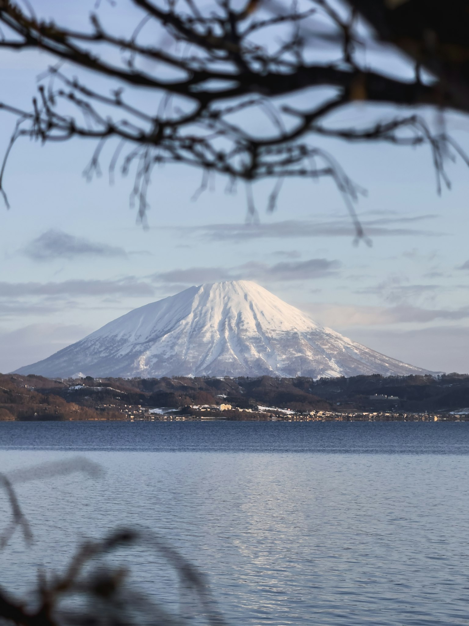 A beautiful snow-covered mountain rises across the lake framed by tree branches