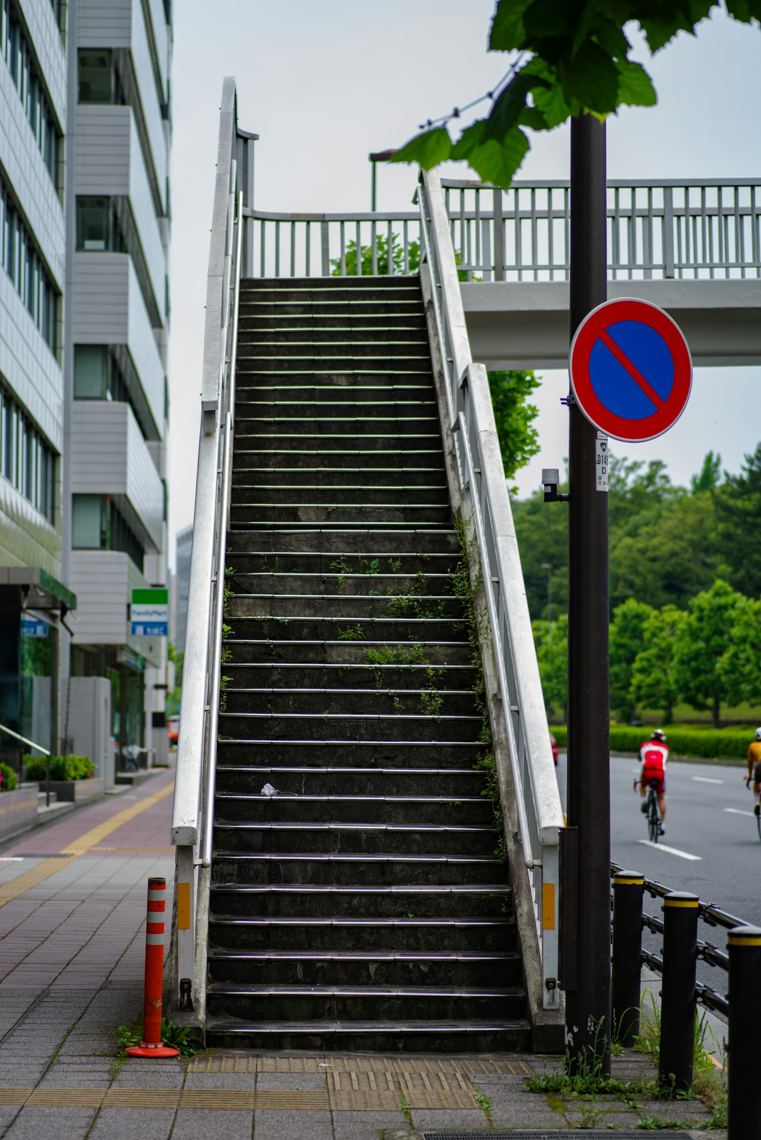 Escalier menant à un passage supérieur entouré de bâtiments et de verdure