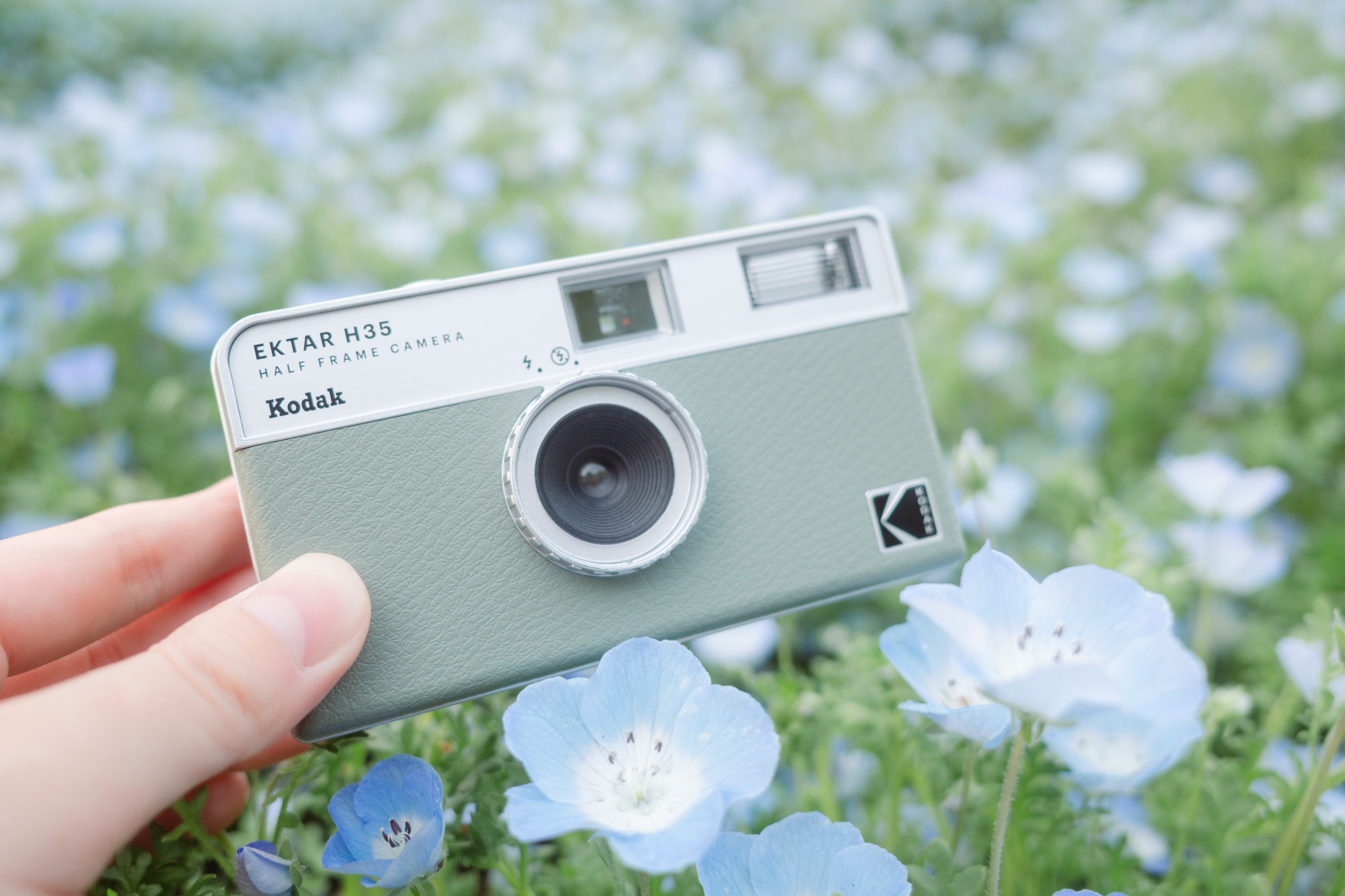 花畑で手に持つフィルムカメラ