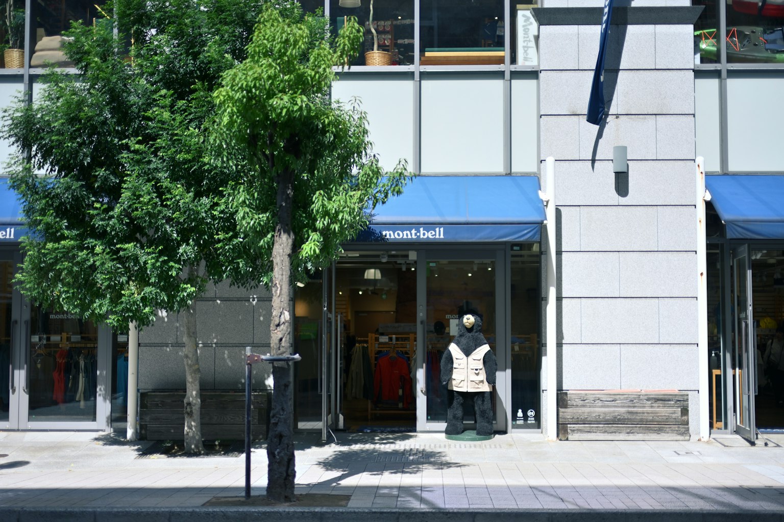 站在藍色遮陽篷商店前的人和綠色樹木