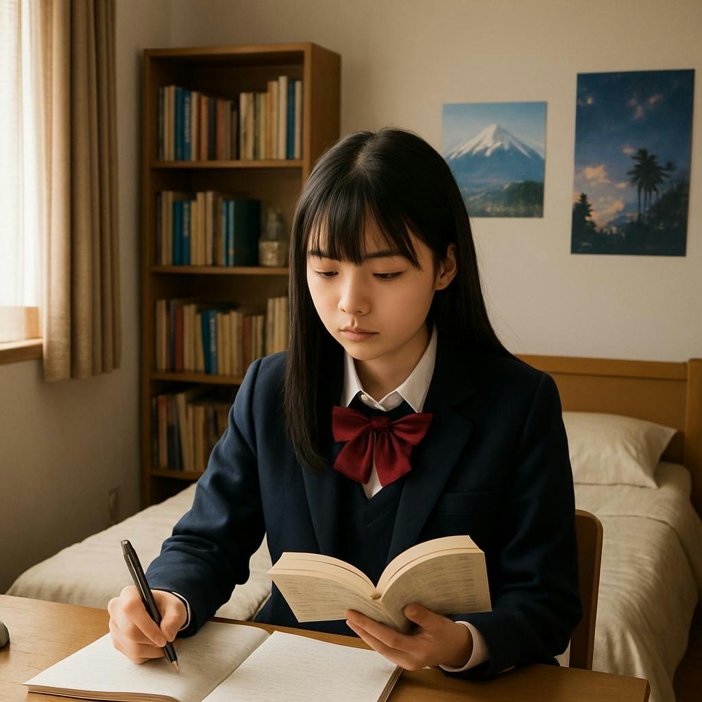 自室で勉強する制服姿の学生が本を開いてノートに書く様子