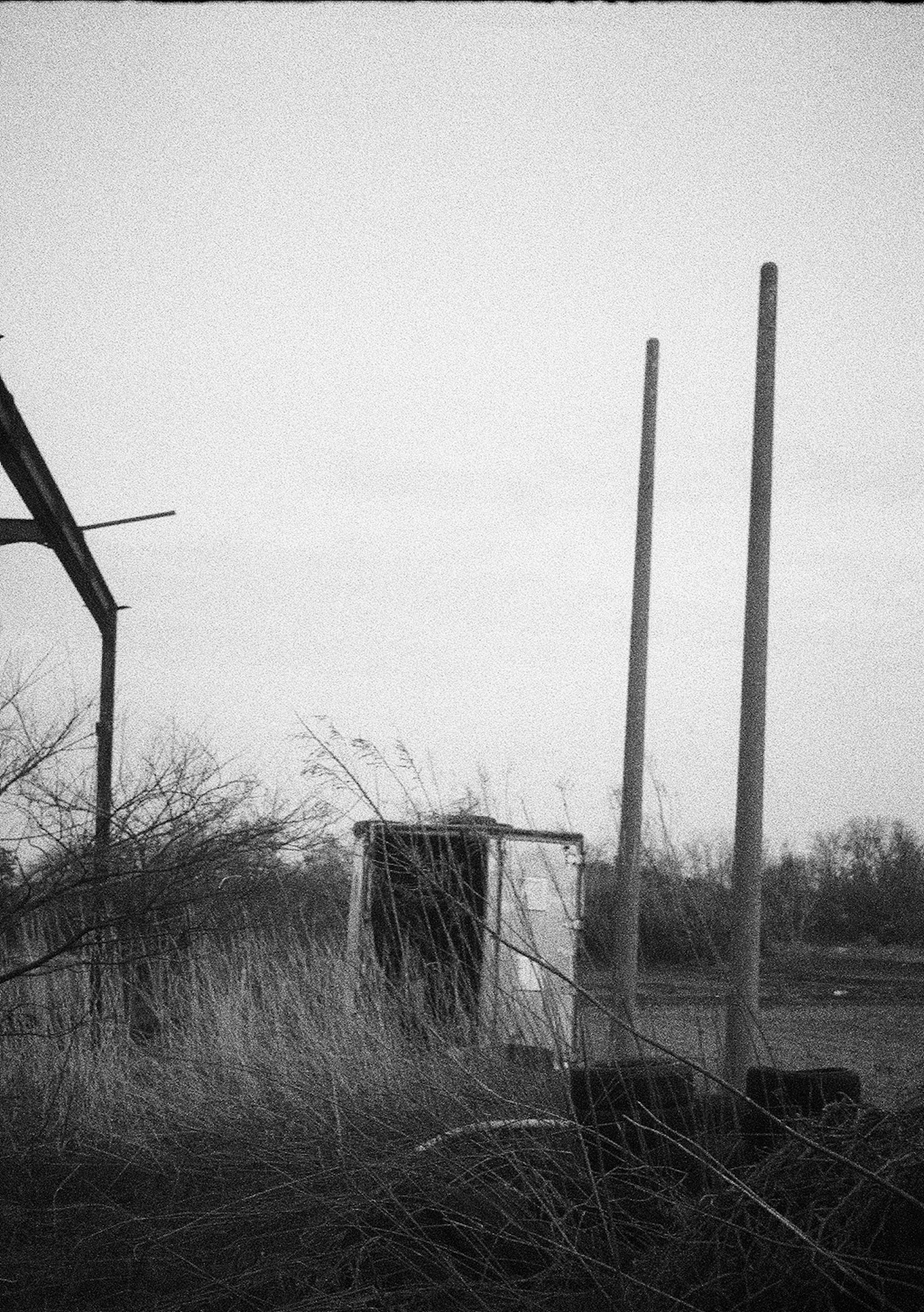 Black and white landscape featuring an old shed and two tall poles