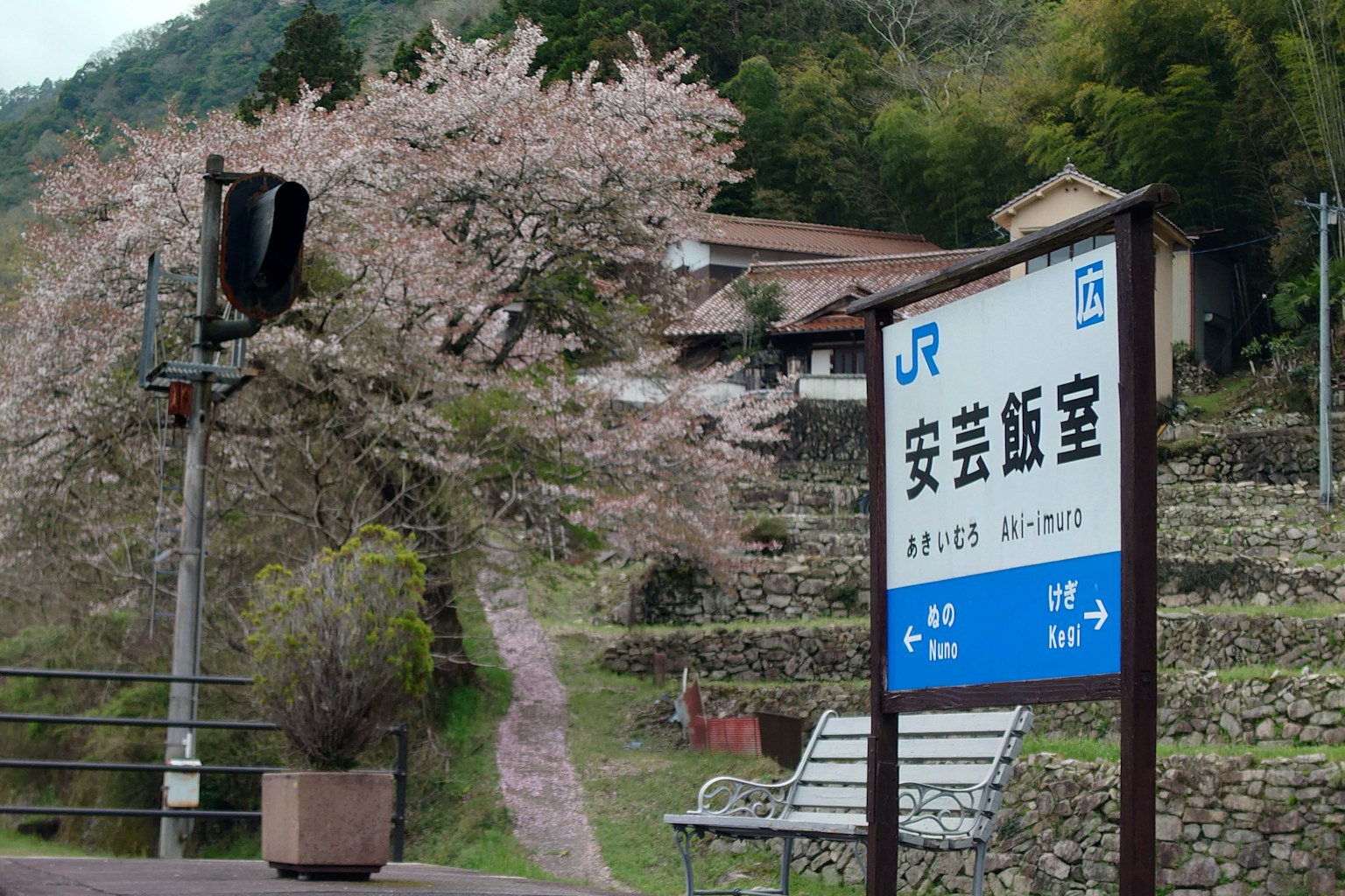 Sign for Aki-Tsu Station with cherry blossom tree in the background