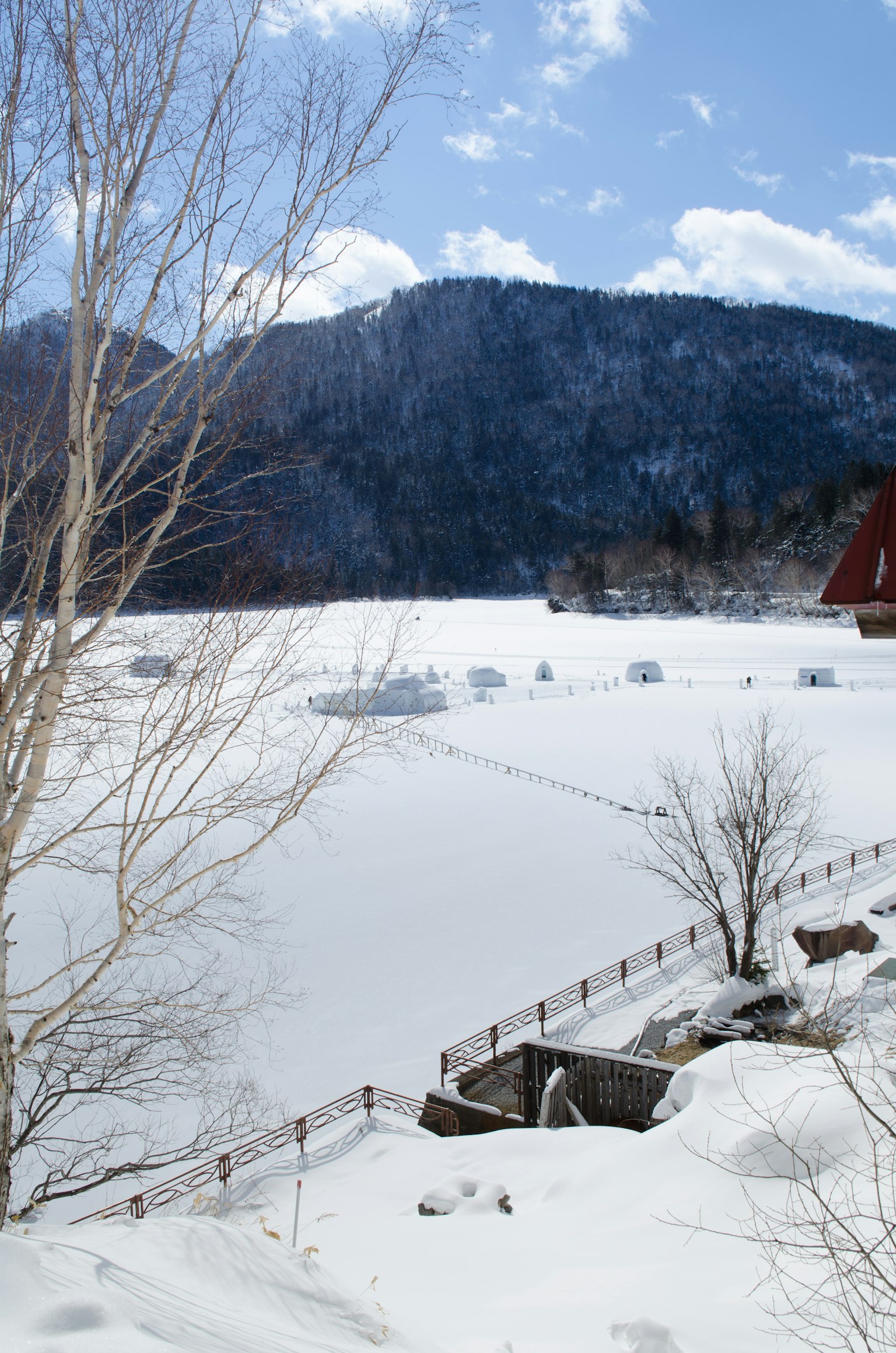 Schneebedeckte Landschaft mit blauem Himmel, Bergen und rotem Dachhaus
