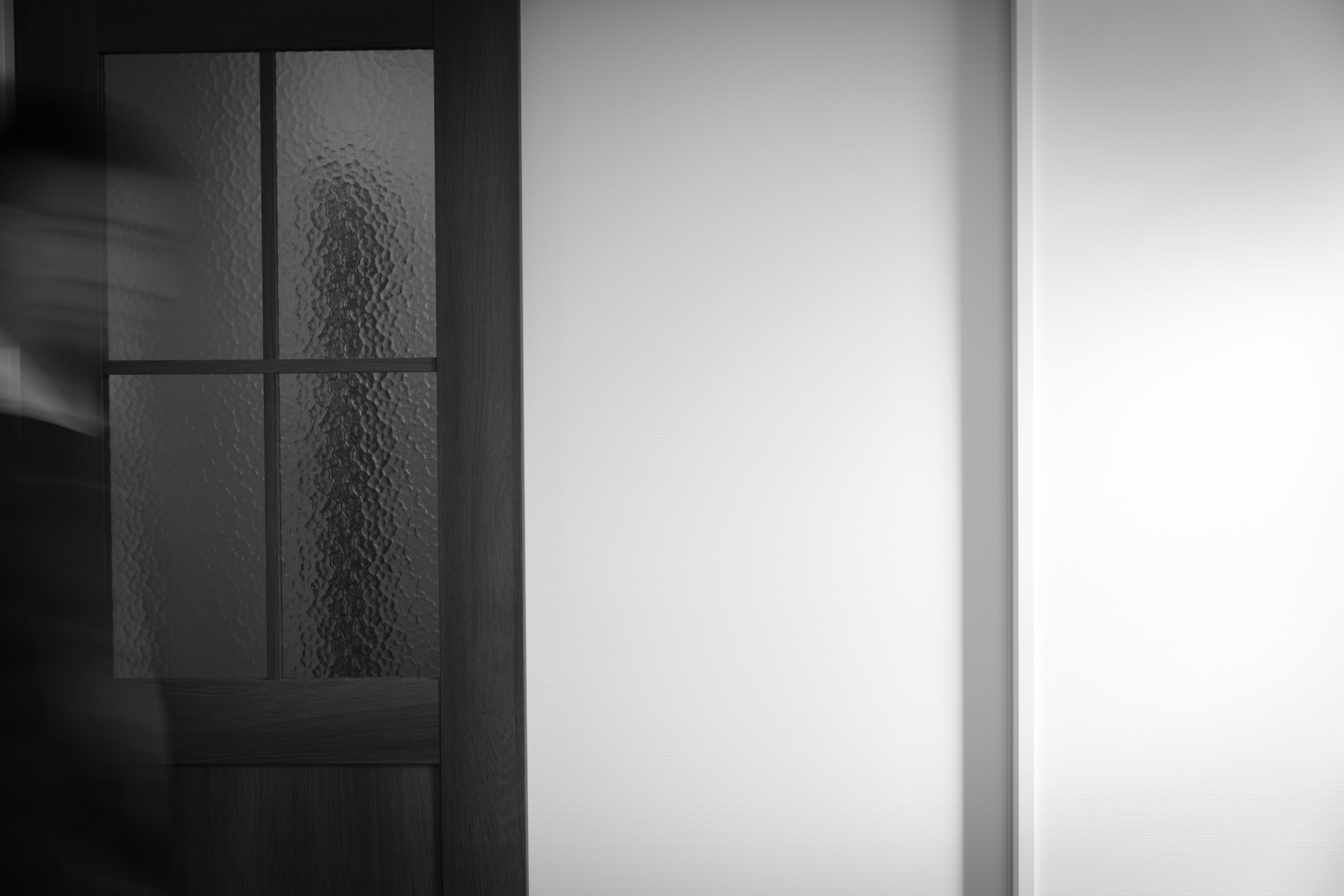 黒い格子の扉と白い壁のある室内の静かな空間