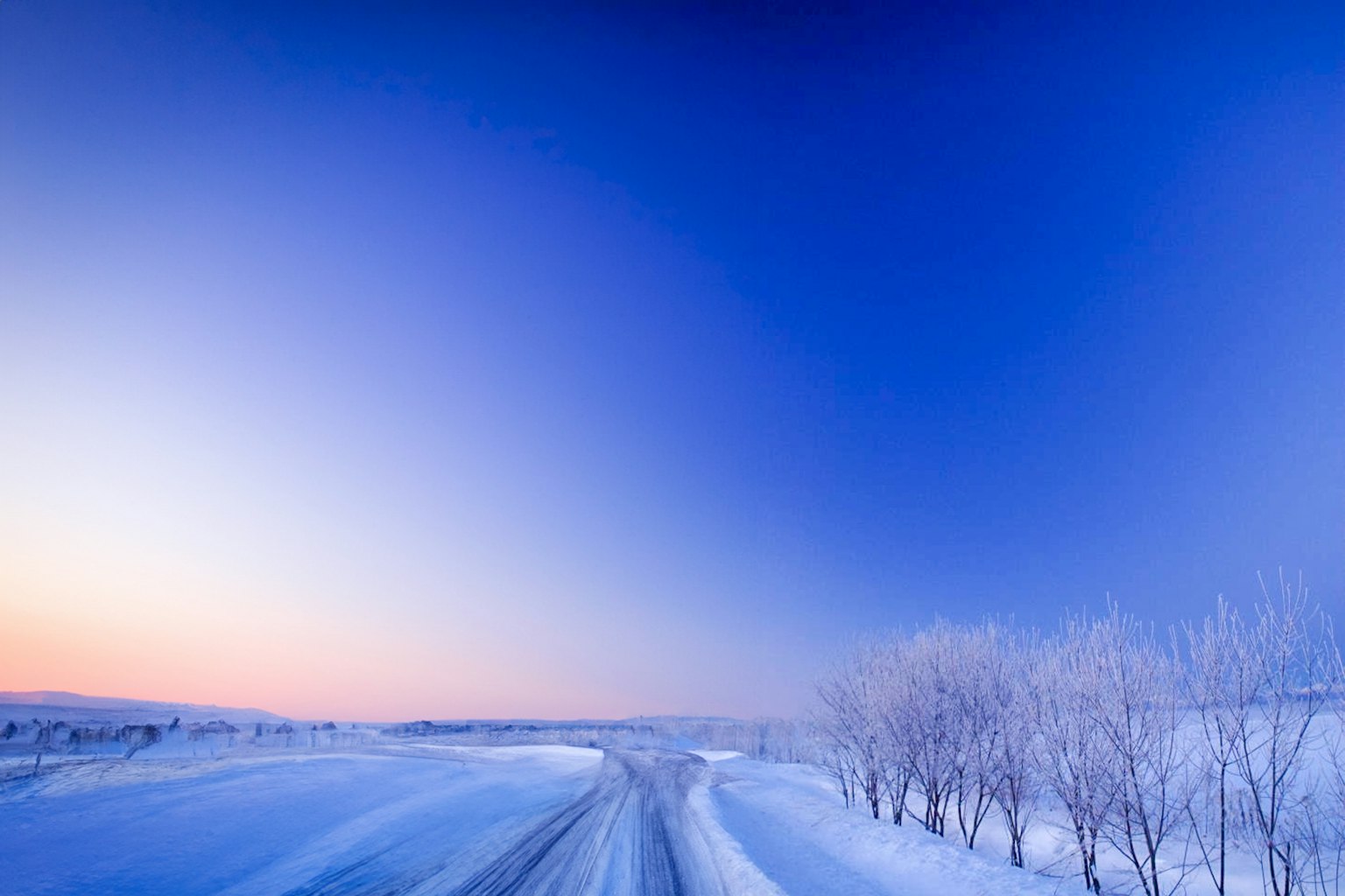 Winterlandschaft mit schneebedeckter Straße und Bäumen
