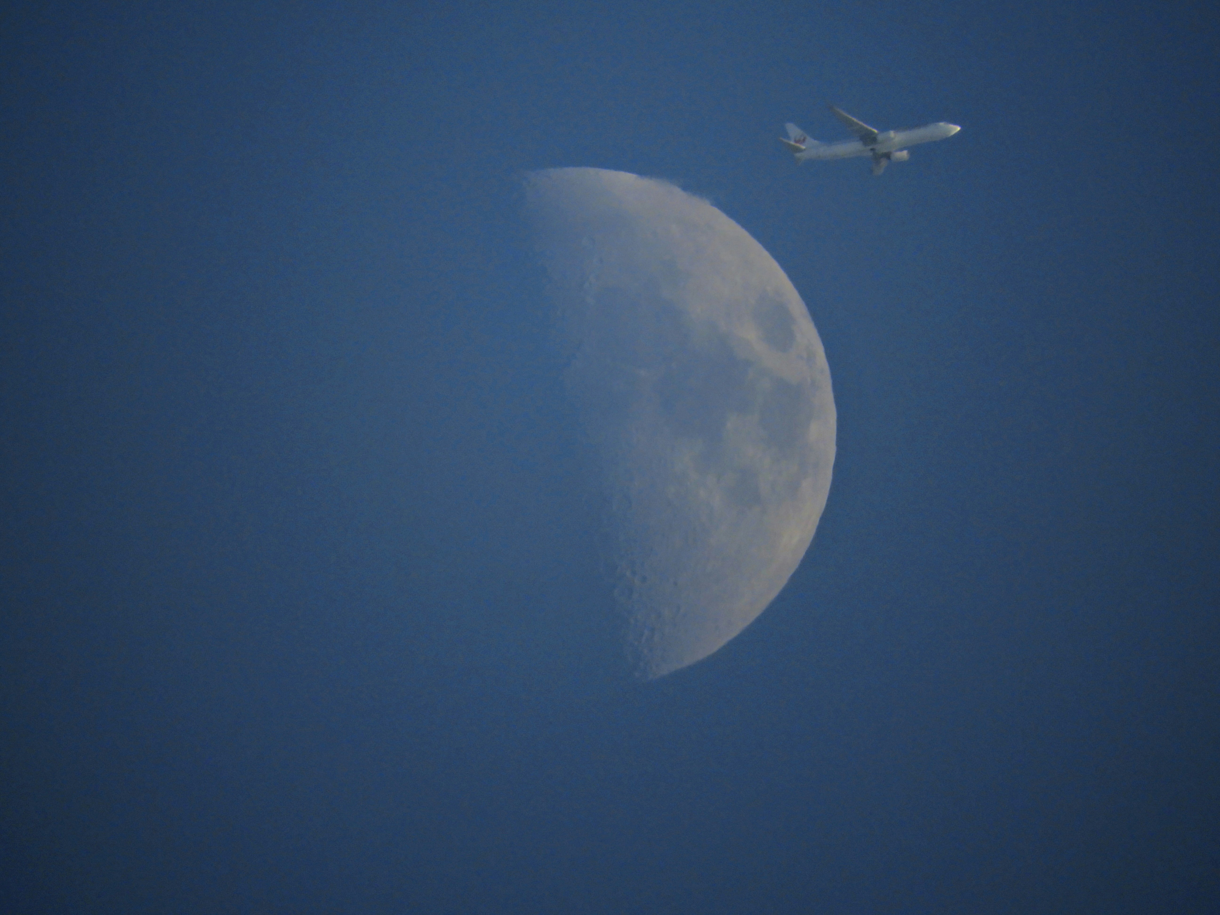 青空に浮かぶ月と飛行機