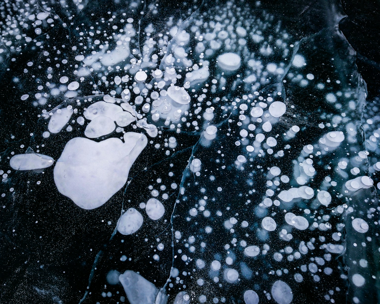 Primo piano di bolle bianche che galleggiano sul ghiaccio