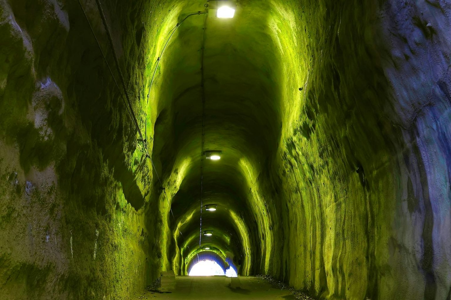 Immagine di un tunnel con illuminazione verde che illumina l'interno