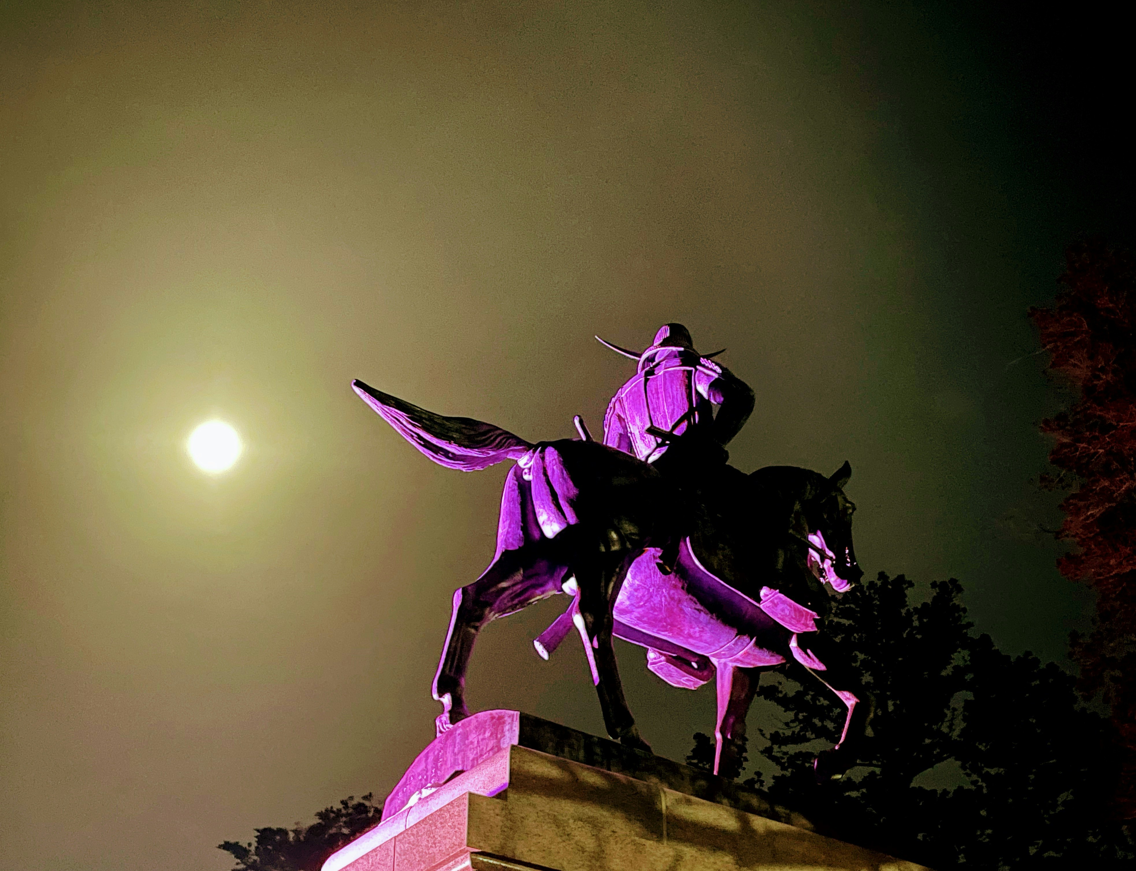 月光下的夜空中骑马雕像