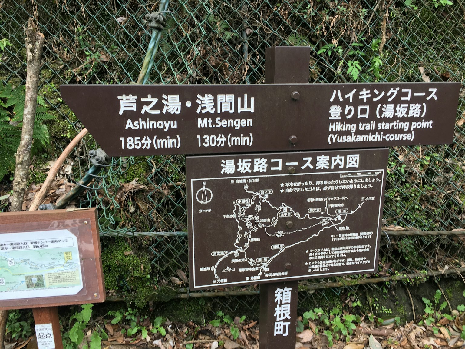 Papan yang menunjukkan titik awal jalur pendakian dengan jarak ke Ashinoyu dan Gunung Sengen
