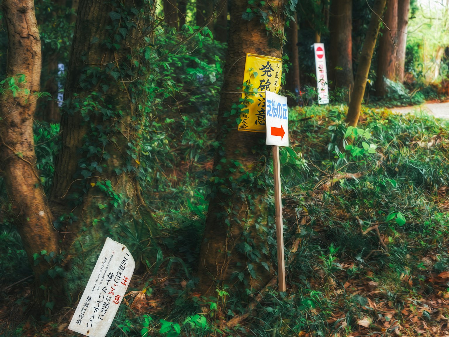 森林中有几个标志的场景