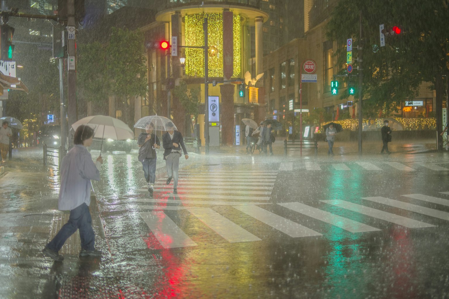 人们在雨中撑着雨伞穿过城市交叉口
