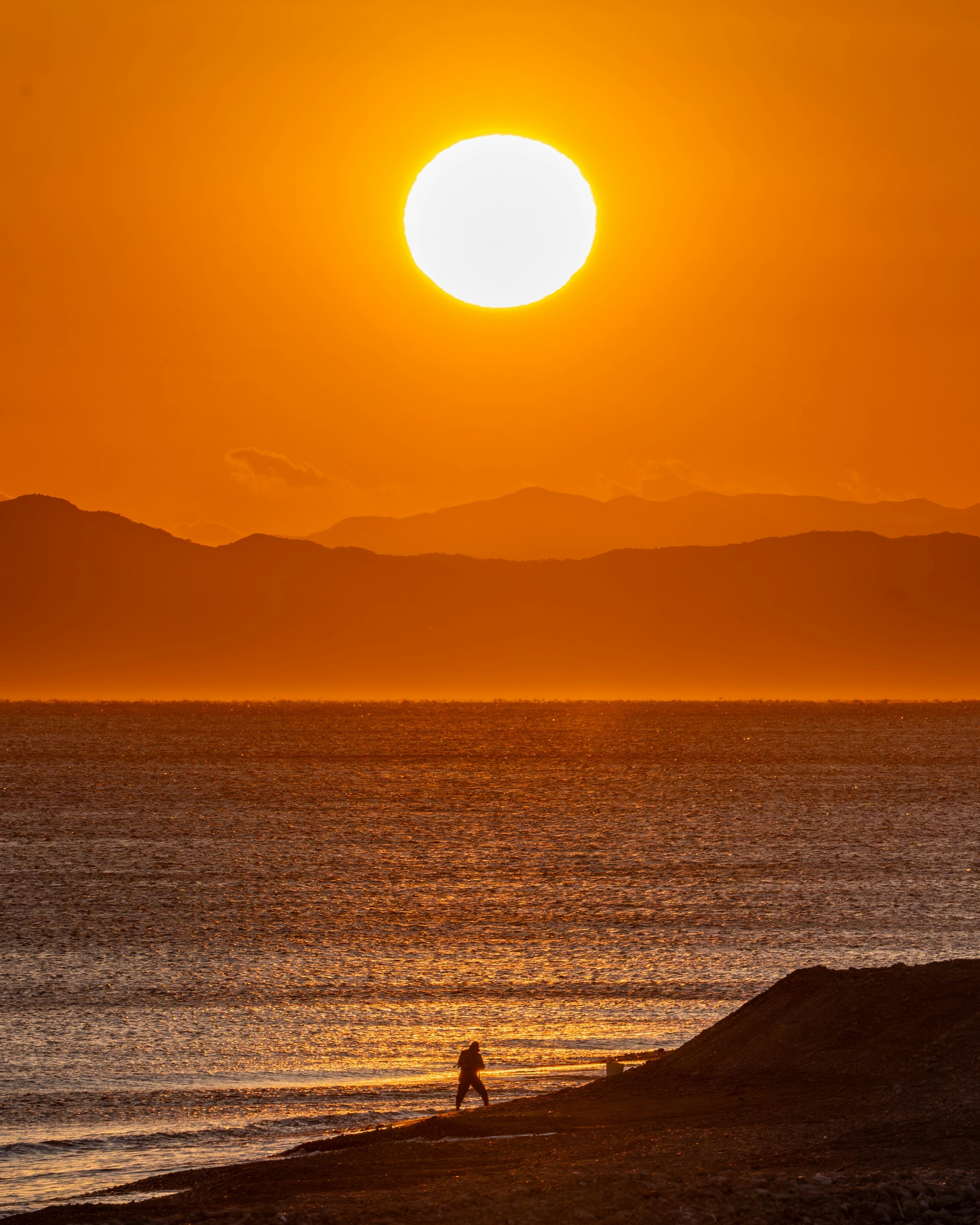 夕日に照らされた海辺で投網を投げる漁師のシルエット