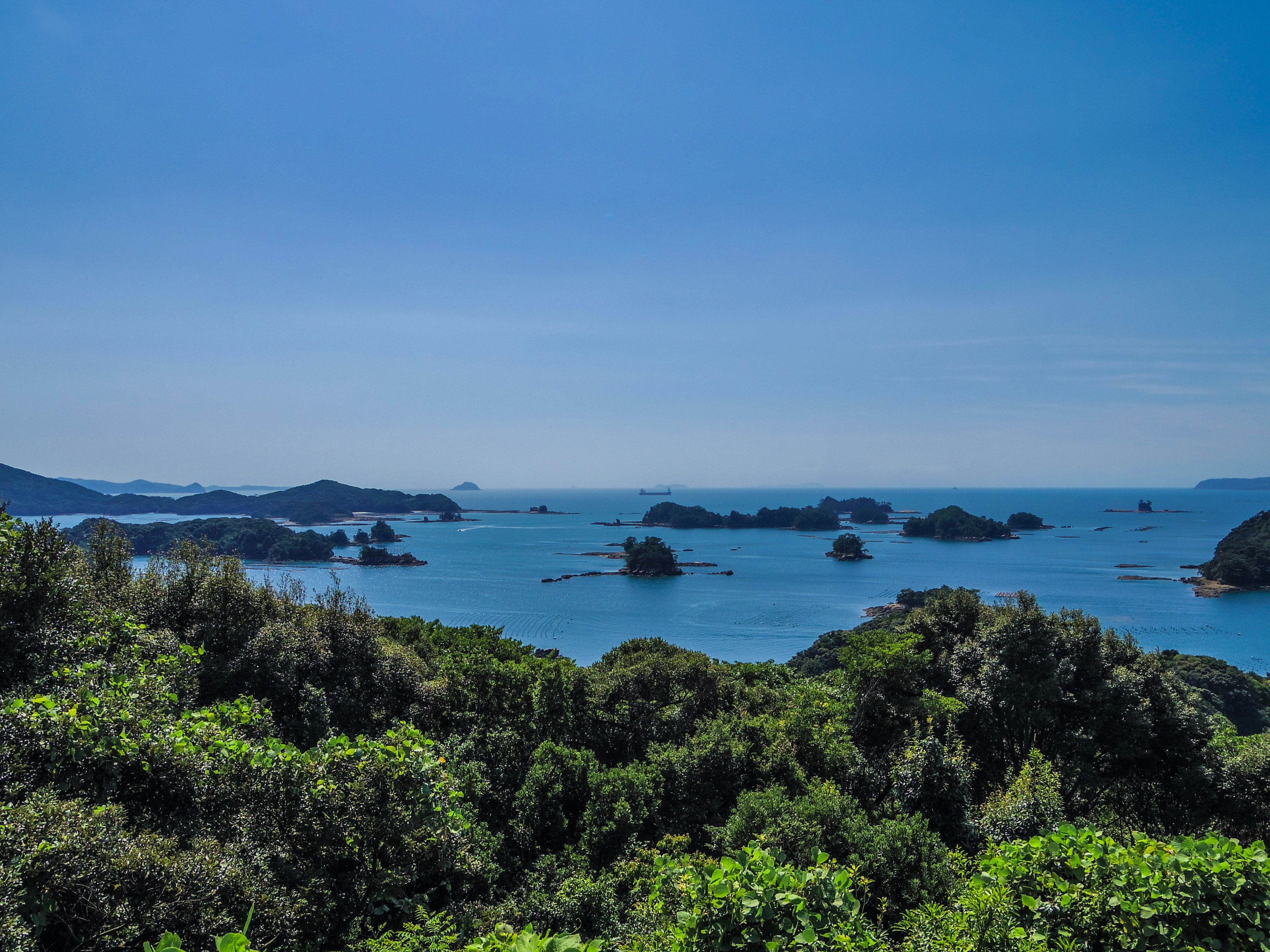 海を望む岬の緑の茂みと島々の景色