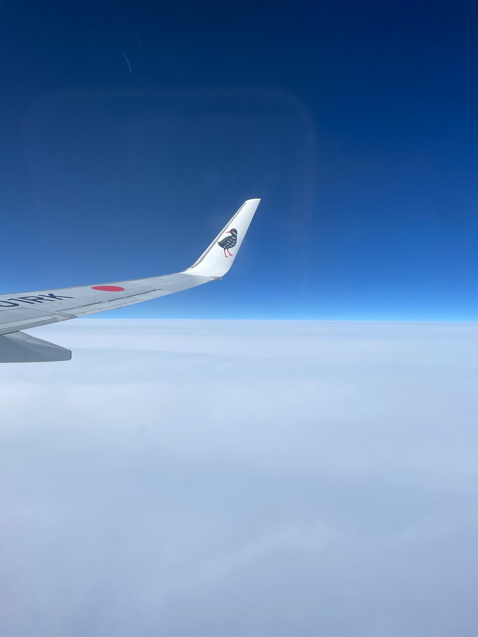 Flugzeugflügel über den Wolken mit blauem Himmel