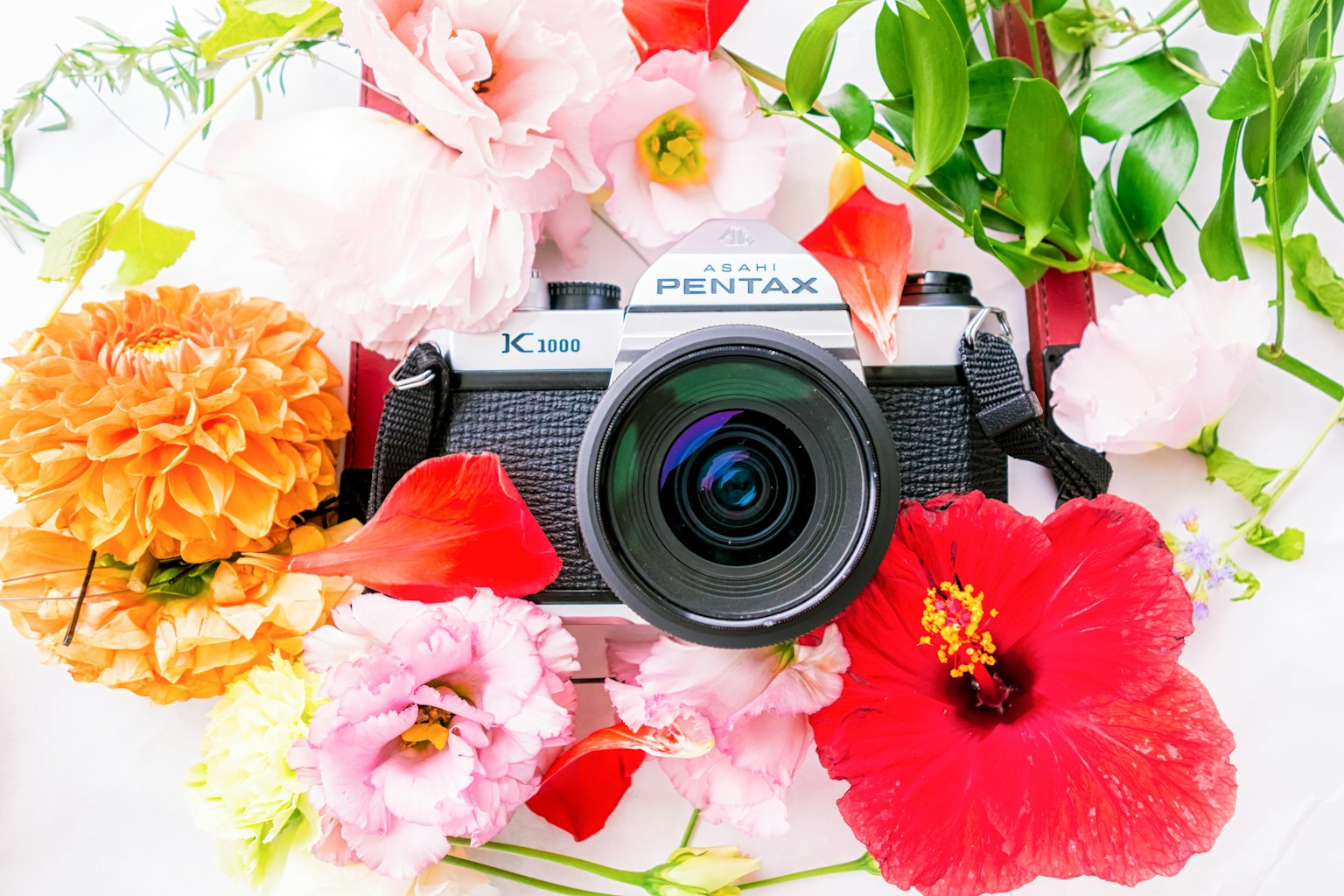 Pentax K1000 Kamera umgeben von bunten Blumen