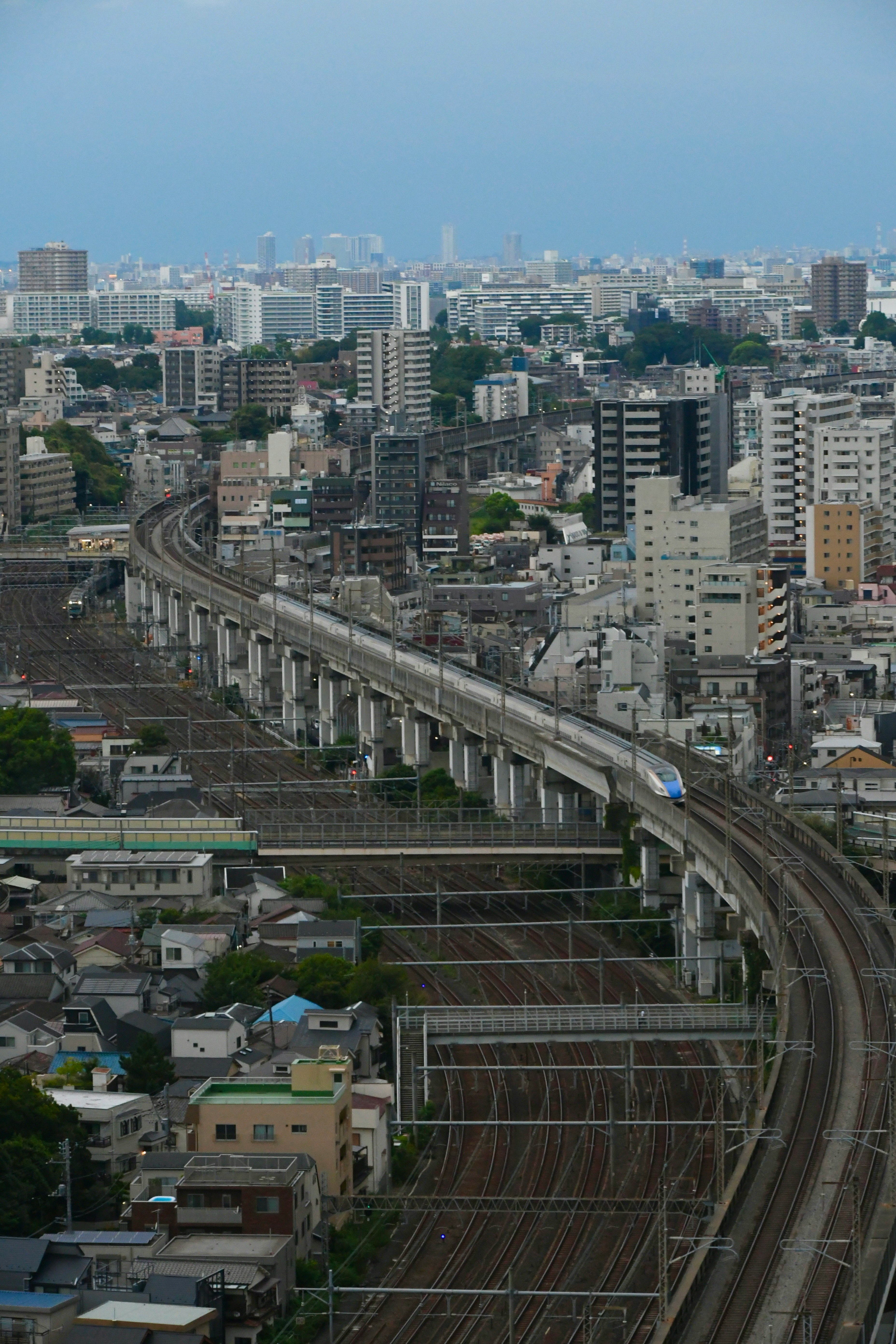 高架铁路穿行的城市天际线