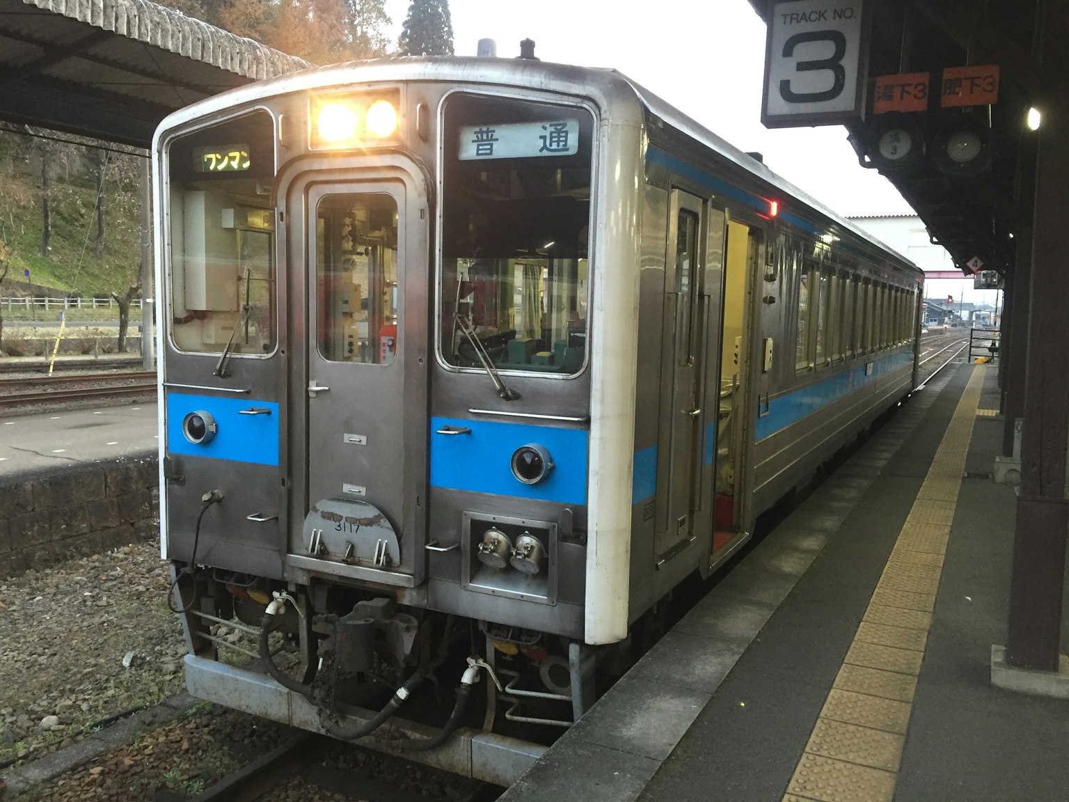 รถไฟสีน้ำเงินและสีเงินที่สถานี