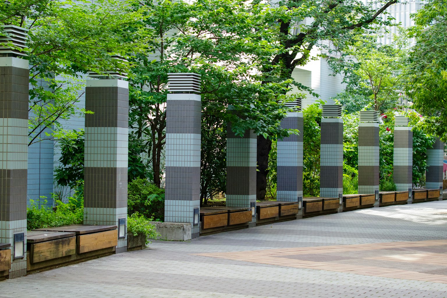 Colonnes modernes alignées le long d'un chemin entouré de verdure