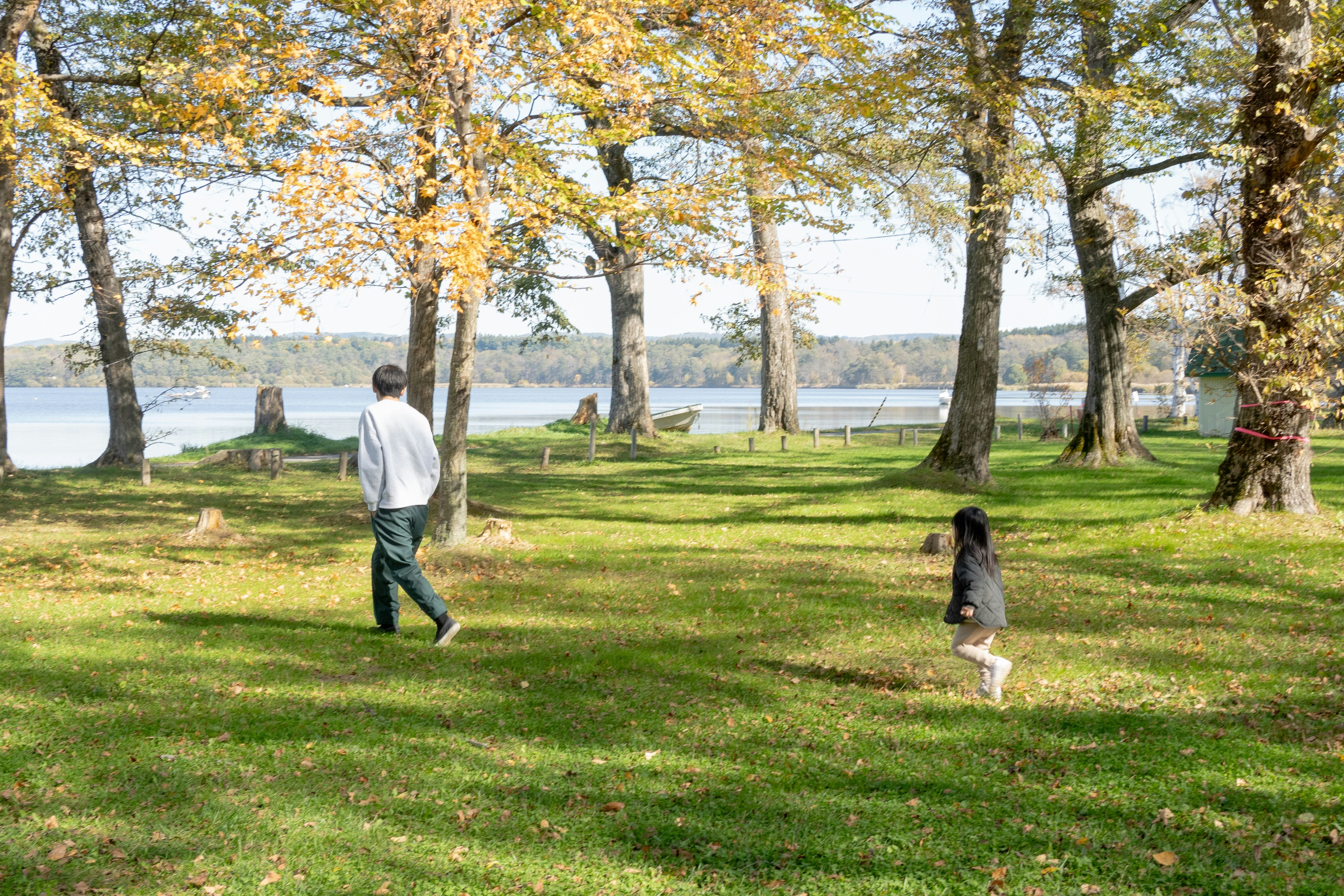 famille de dos courant sur une pelouse de parc