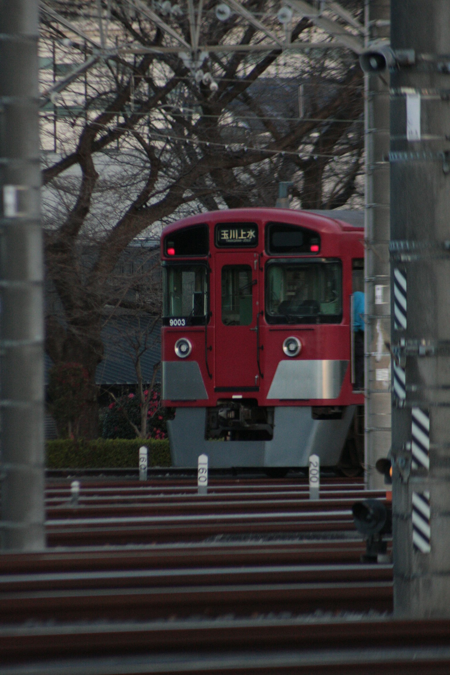 Red train parked between railway tracks