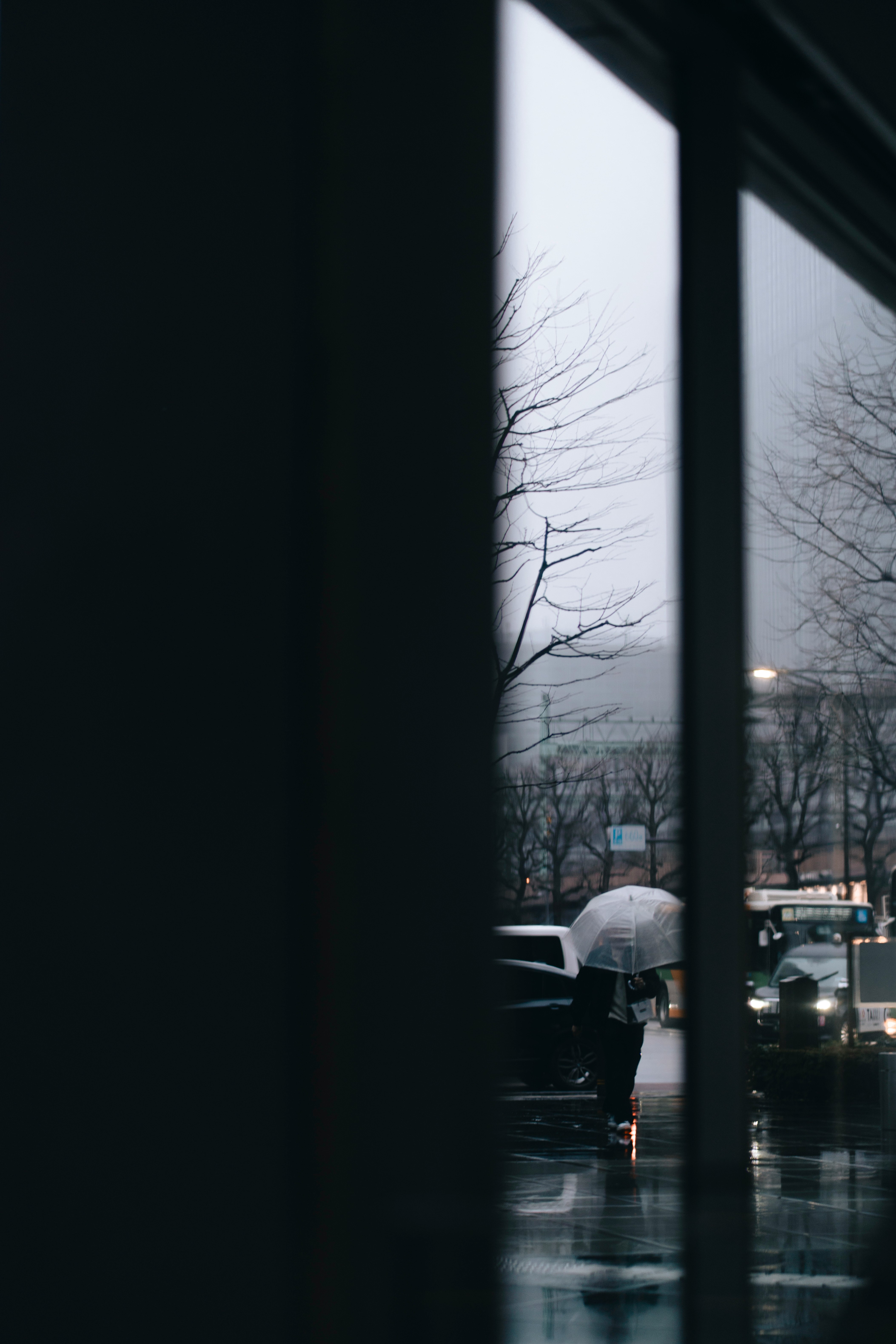 A person holding an umbrella in rainy Tokyo street scene