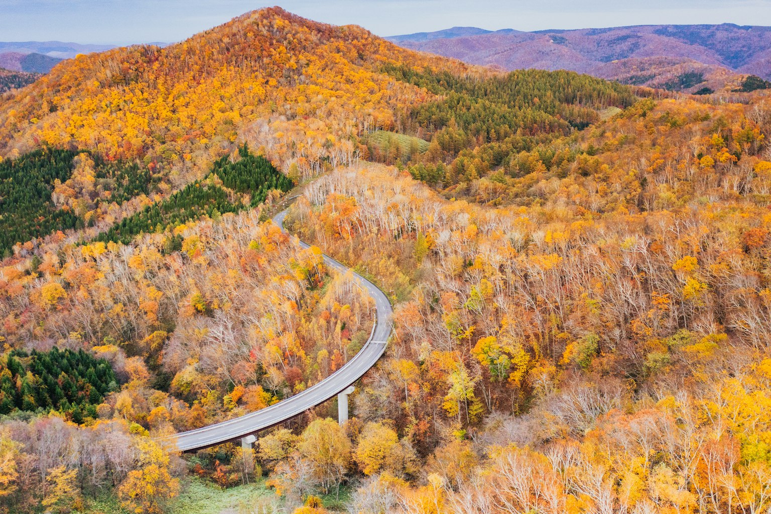 Autumn landscape with colorful foliage and winding road through mountains