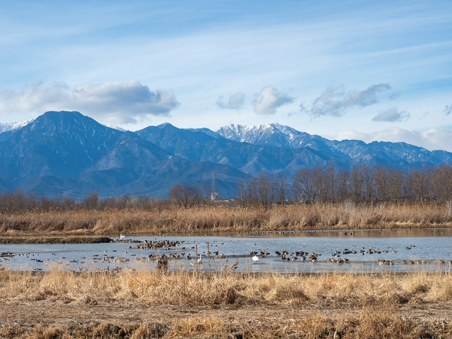 Snow-capped mountains with a serene river landscape