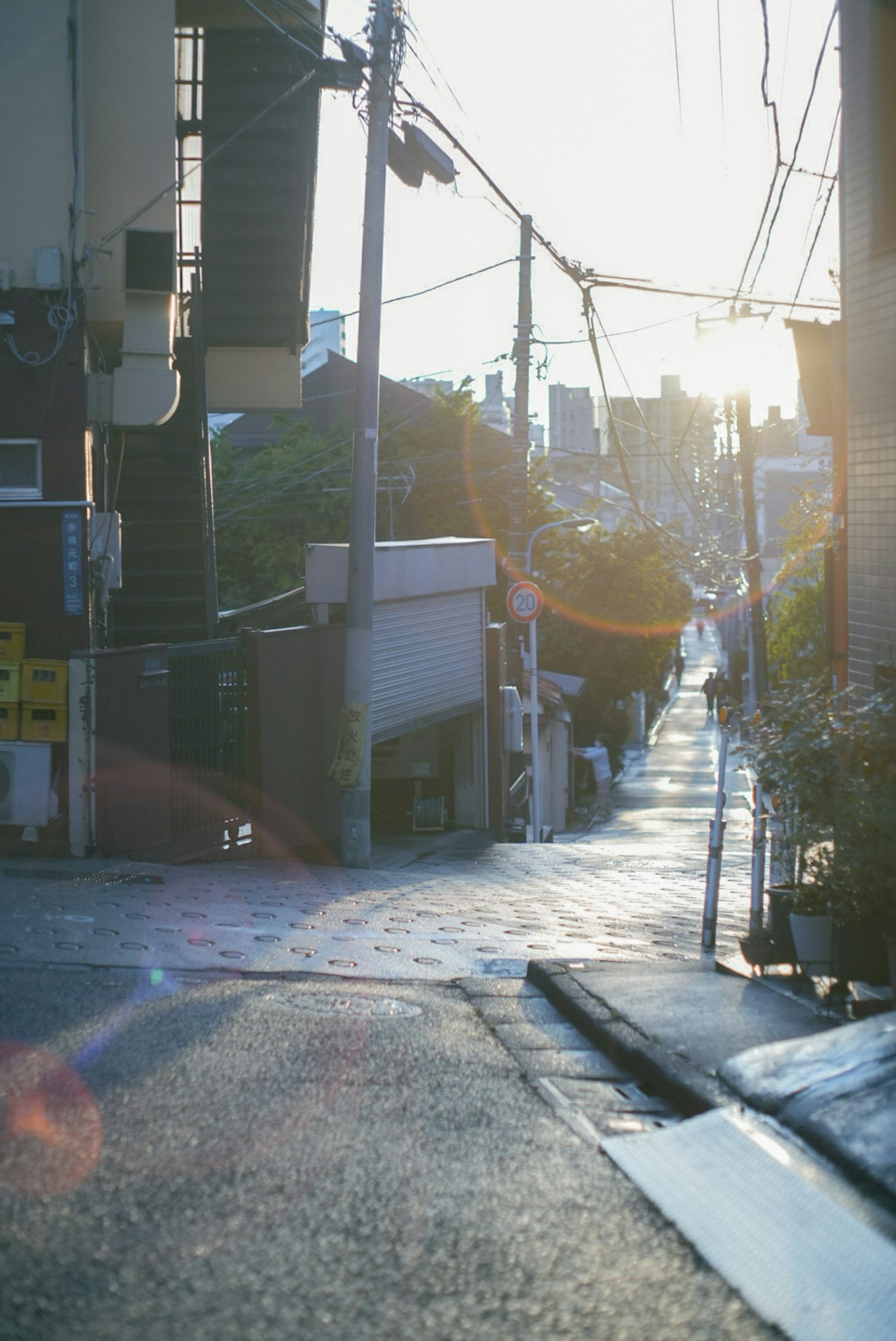 日落时宁静的街道场景有路灯和电线