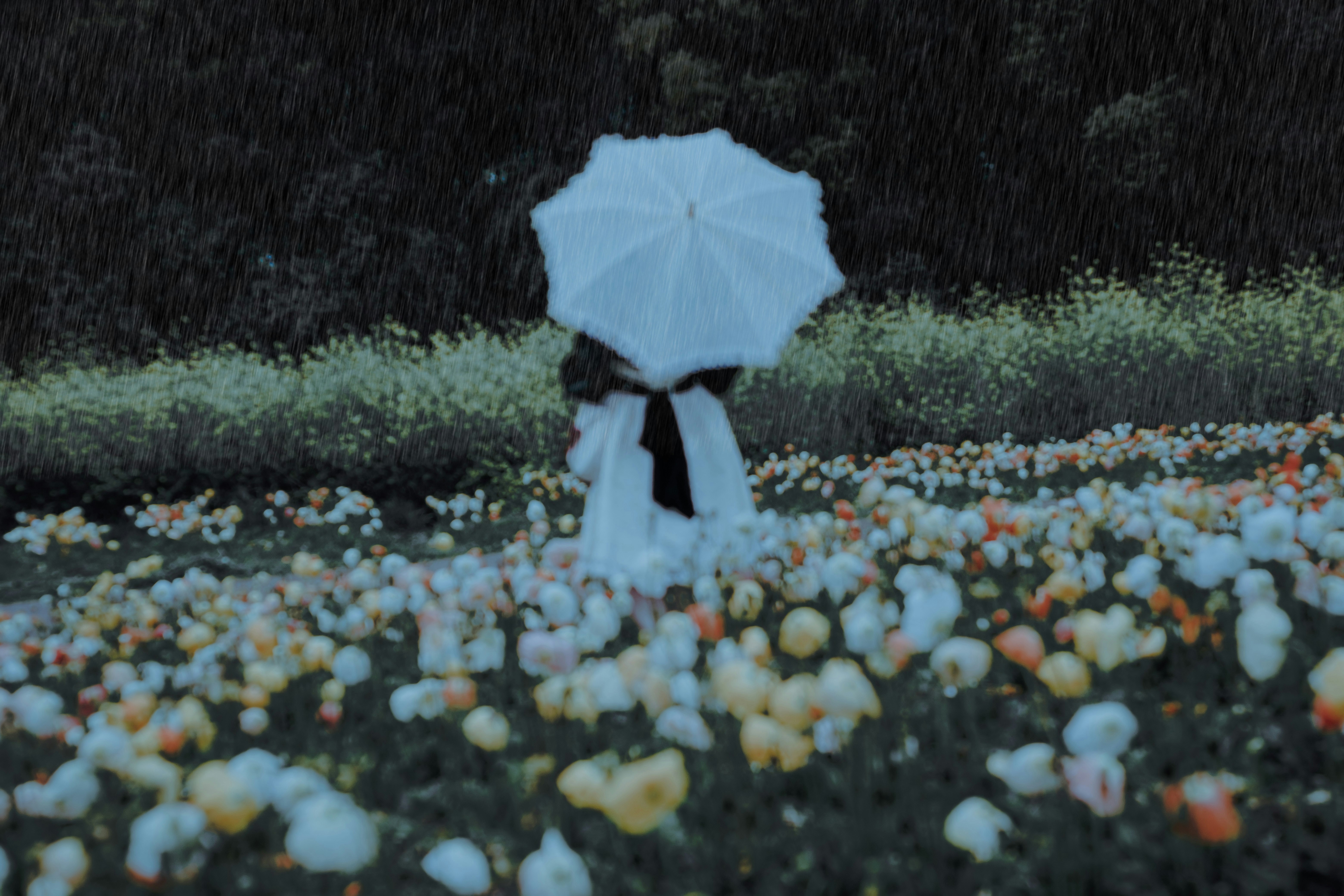 雨の中の花畑で青い傘をさす人物