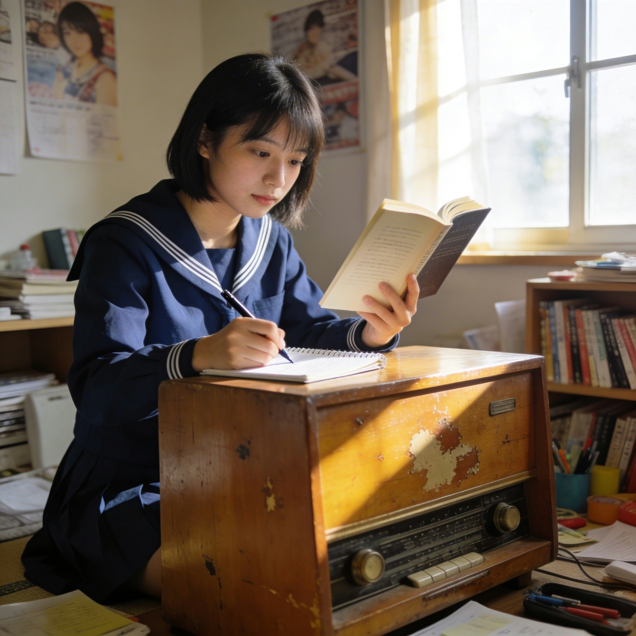 自室で勉強する学生のノート作業