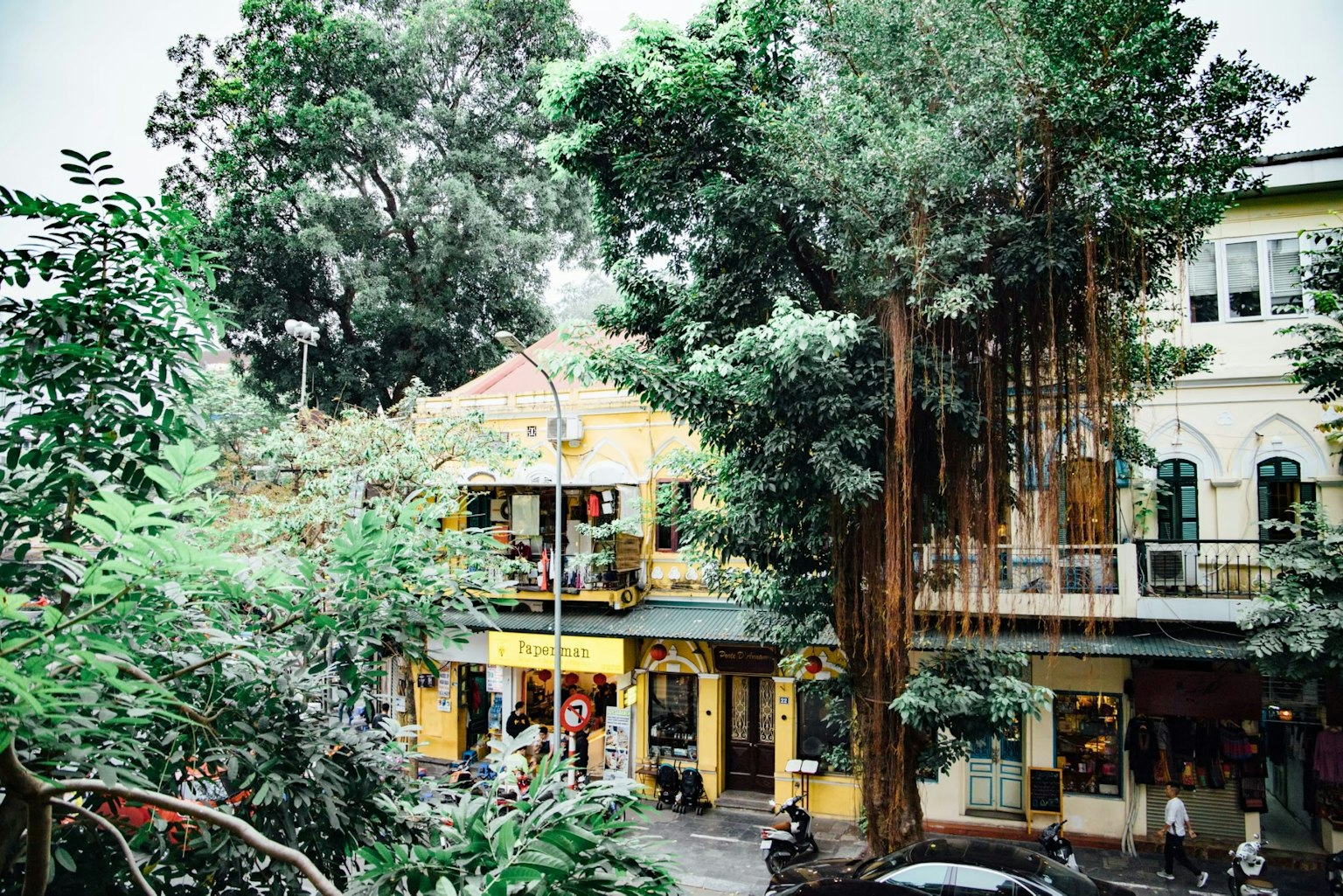 Edificio colorato circondato da verde lussureggiante e alberi